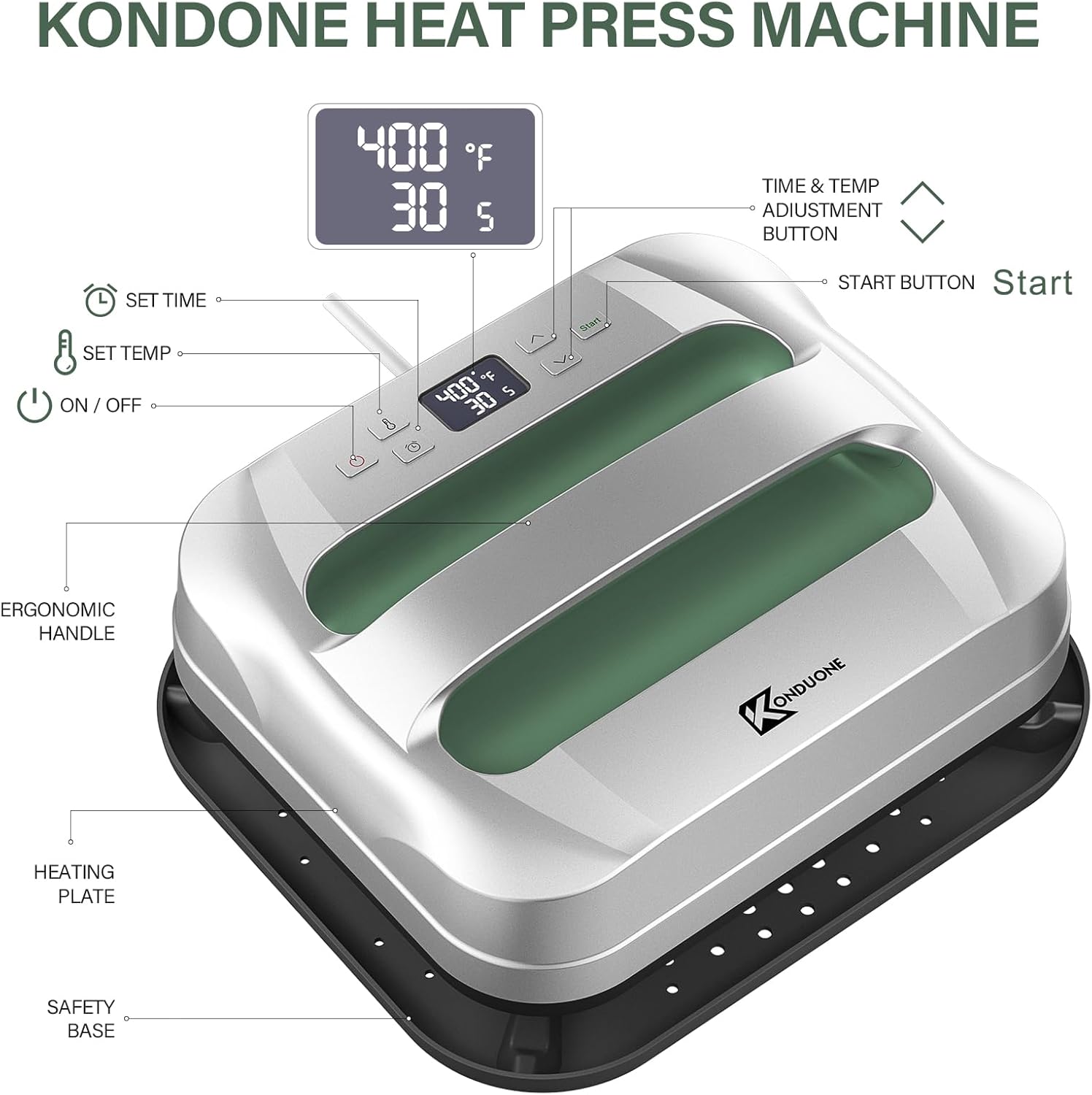 Máquina de prensa de calor de 12 x 10 pulgadas, transferencia de calor de fácil prensa para camisetas y proyectos de vinilo HTV, plateado y verde