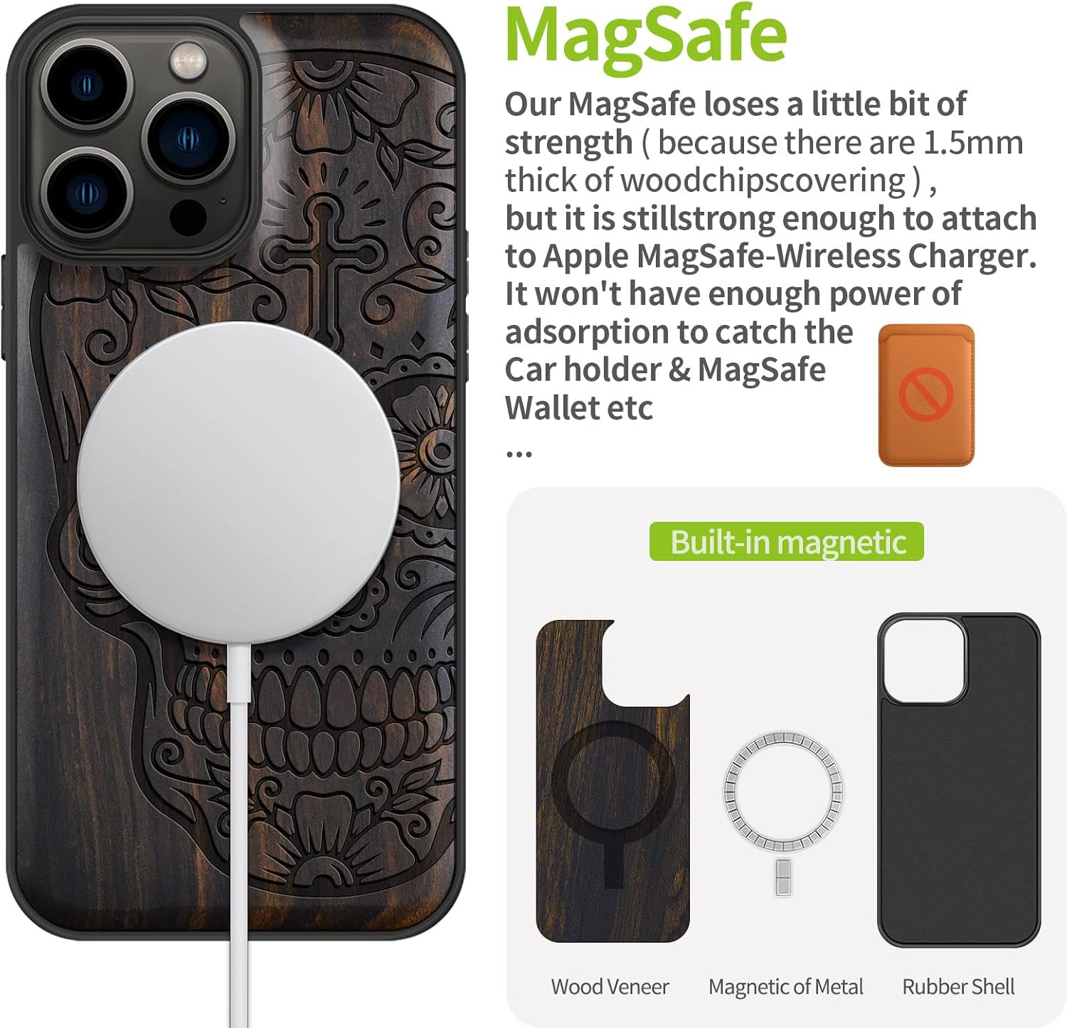 Carveit Funda magnética de madera para iPhone 13 Pro Max madera natural y TPU suave negro a prueba de golpes, funda de madera única y elegante