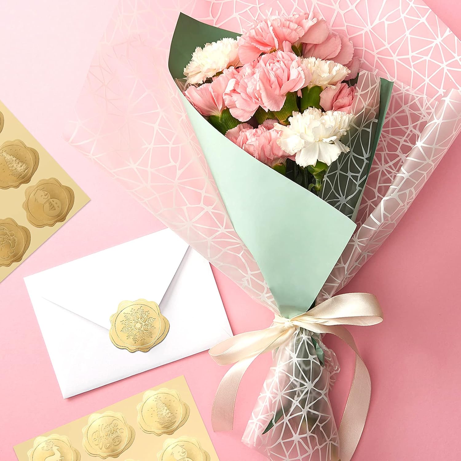 480 calcomanías de sobres de Navidad, calcomanías de papel dorado en relieve, calcomanías de sellos de cera, calcomanías adhesivas de flores para
