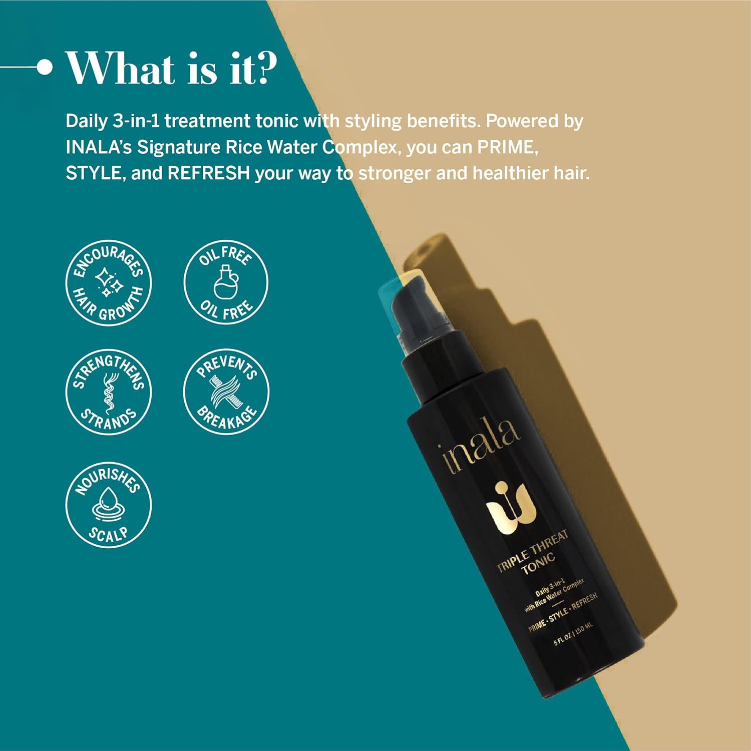 INALA Triple Threat Tonic – Tónico de tratamiento diario 3 en 1 con complejo de agua de arroz, fortalece y fortalece las hebras, sin aceite y