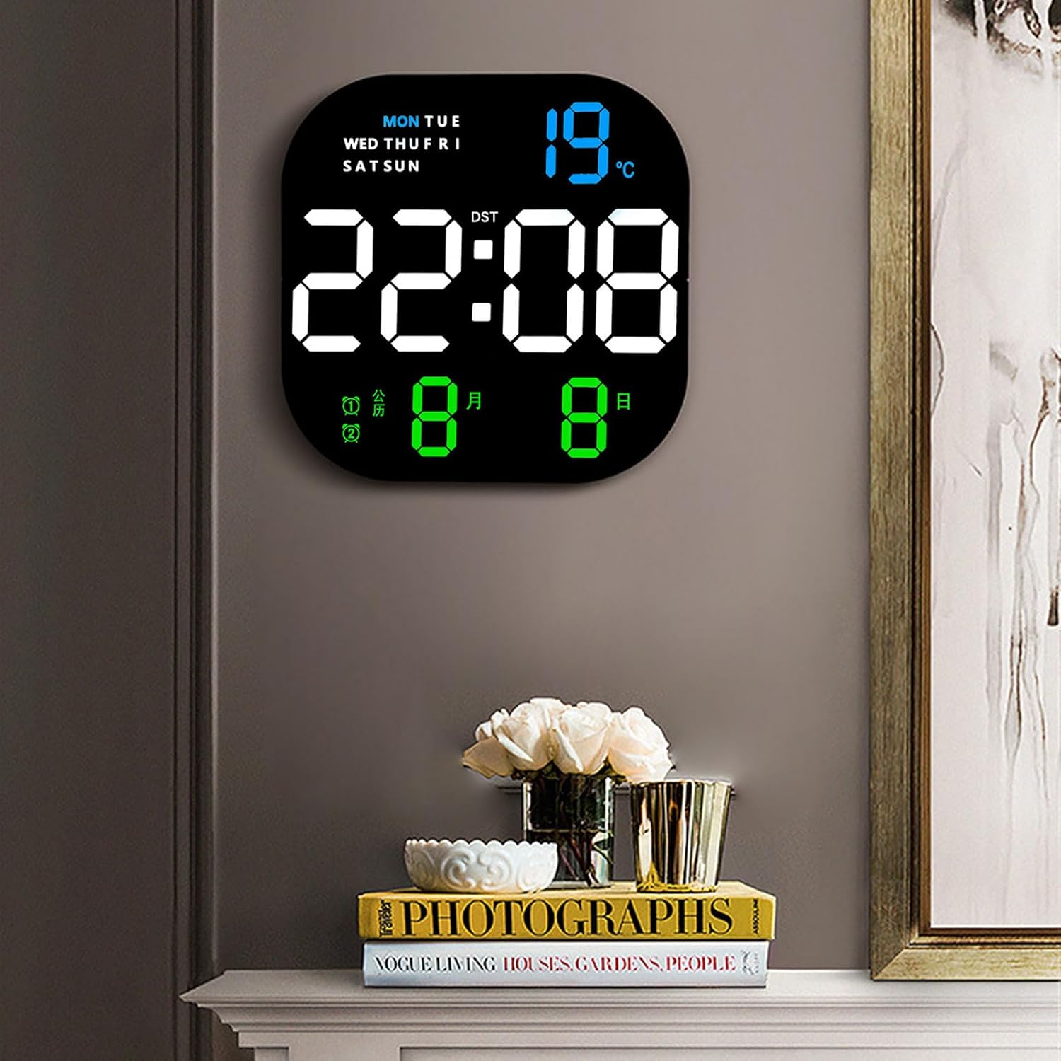 Reloj de pared digital con control remoto, reloj de pared de brillo ajustable con números gigantes, reloj despertador, temporizador, temperatura y