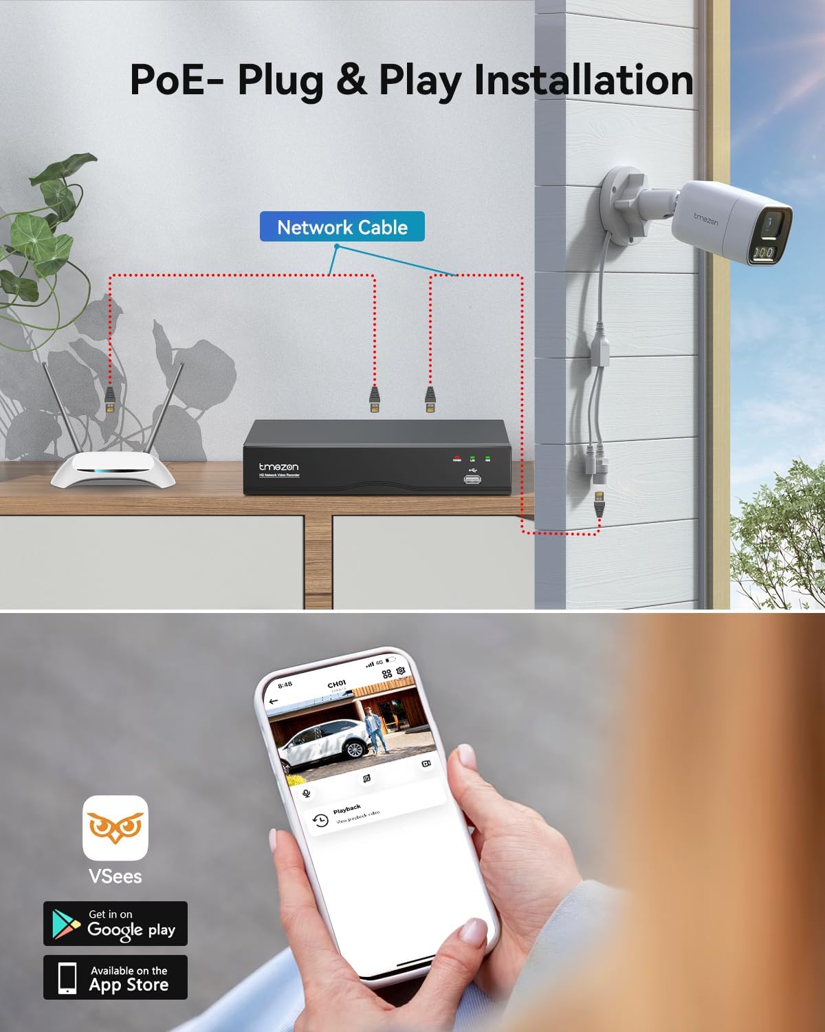 TMEZON Sistema de cámara de seguridad POE 4K 16CH NVR-H.265 4 unids 5MP PoE Home IP Network Cámaras de seguridad con cable con persona Detección de