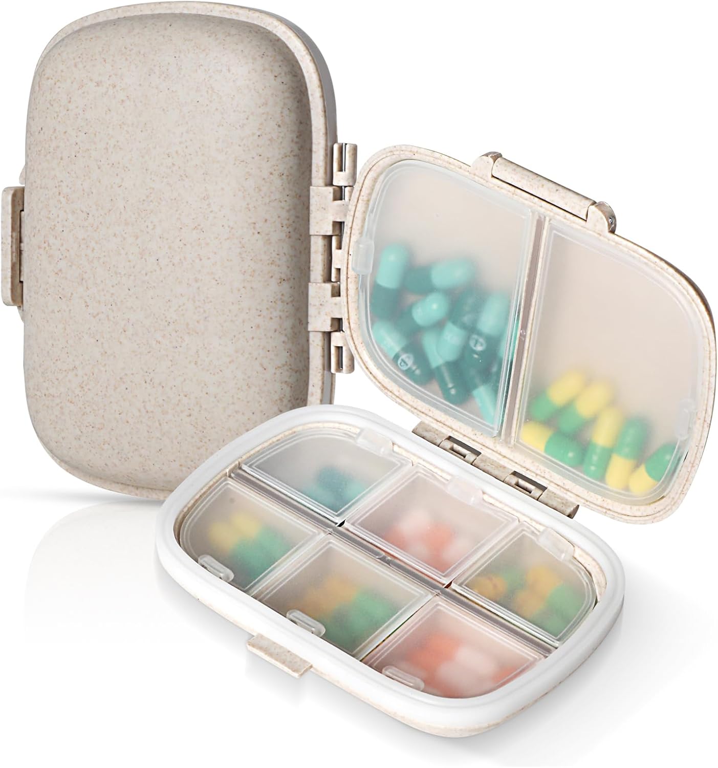 Ouzorp Paquete de 2 pastilleros de viaje de 8 compartimentos, pastillero portátil impermeable, estuche para medicamentos, pastillero pequeño para
