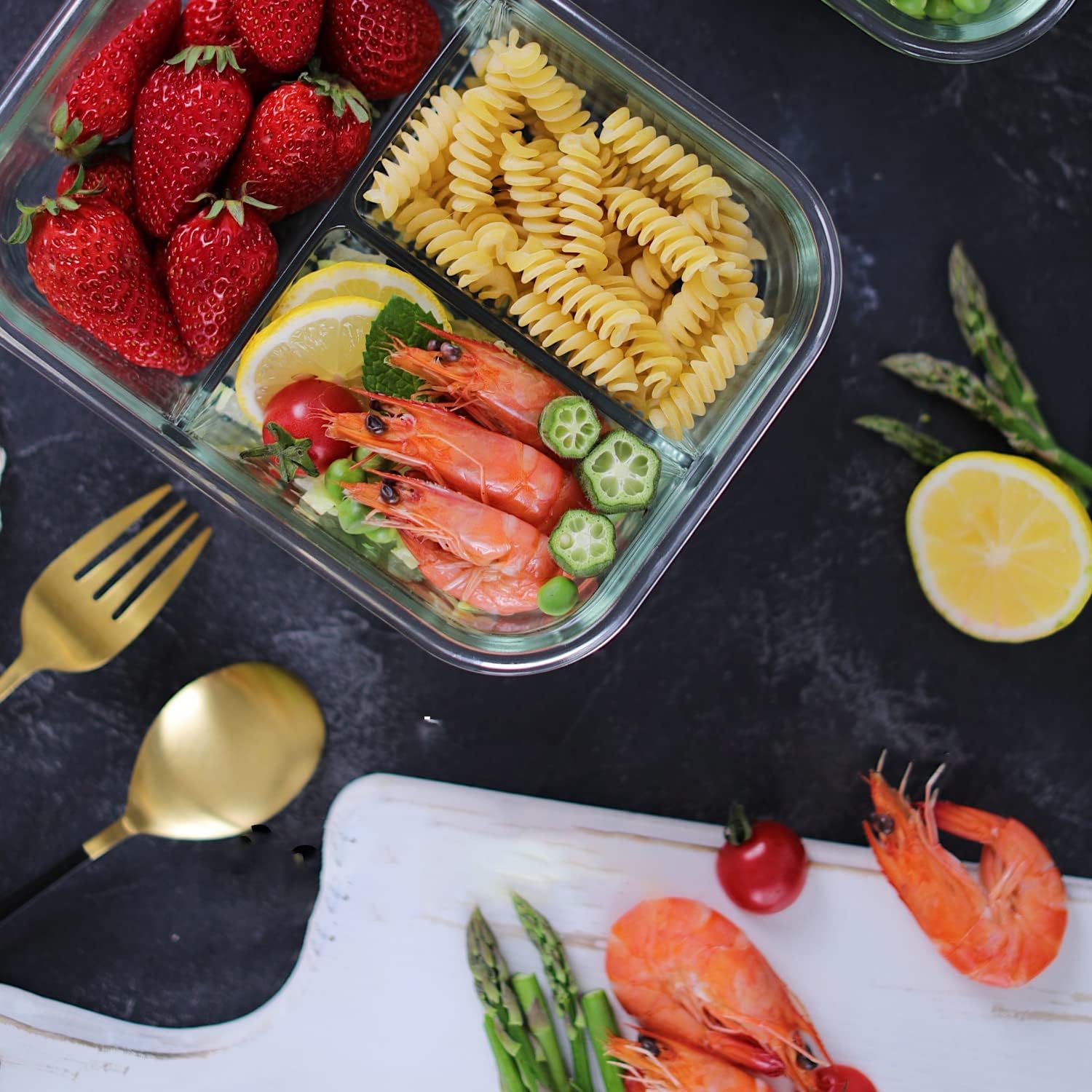 HOMBERKING Paquete de 8 recipientes de vidrio para preparación de comidas, 3 compartimentos, recipientes de vidrio de almacenamiento de alimentos de