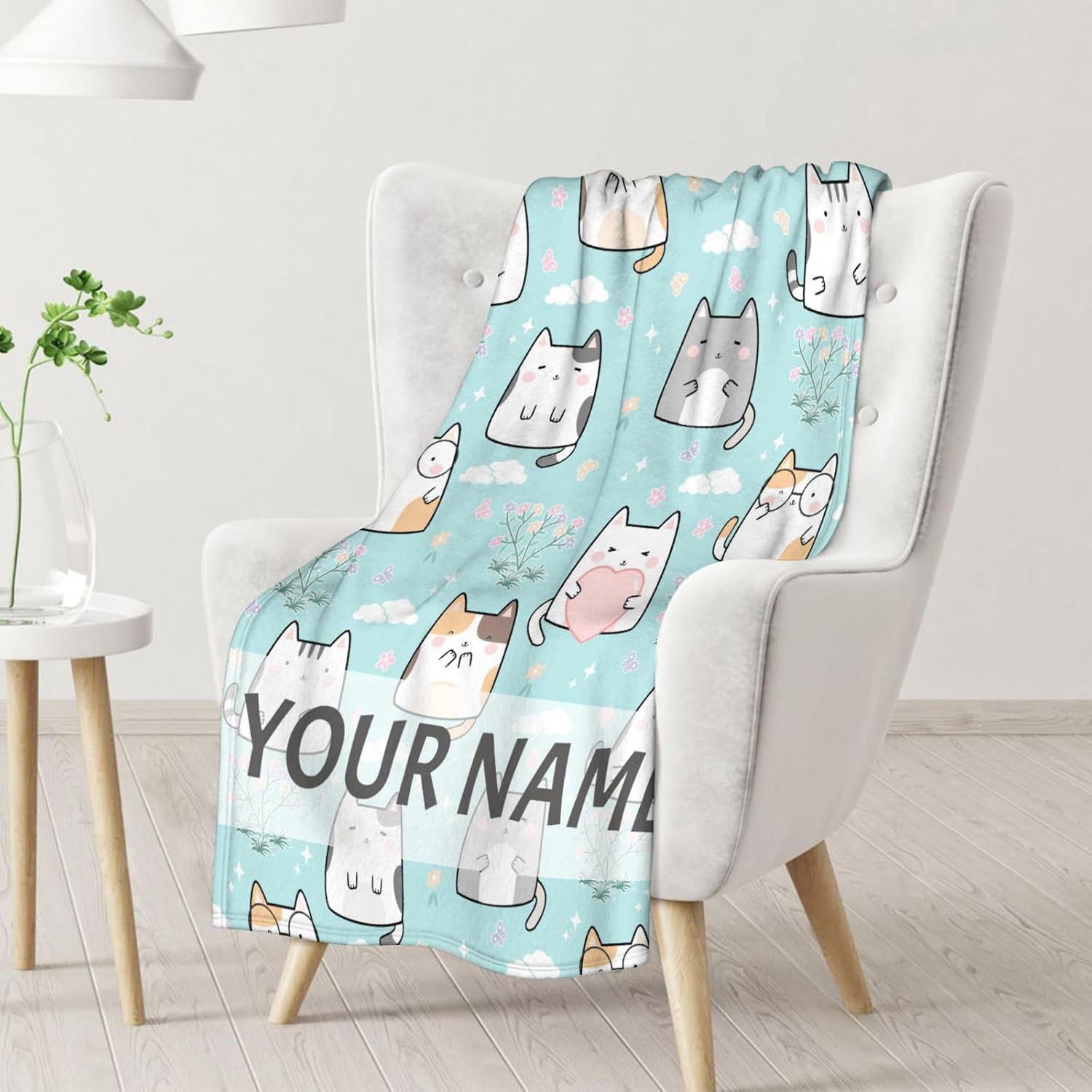 Manta personalizada de gatos para amantes de los gatos con nombre, 60 x 80 pulgadas, bonita manta para mujeres y niñas, manta de felpa suave y