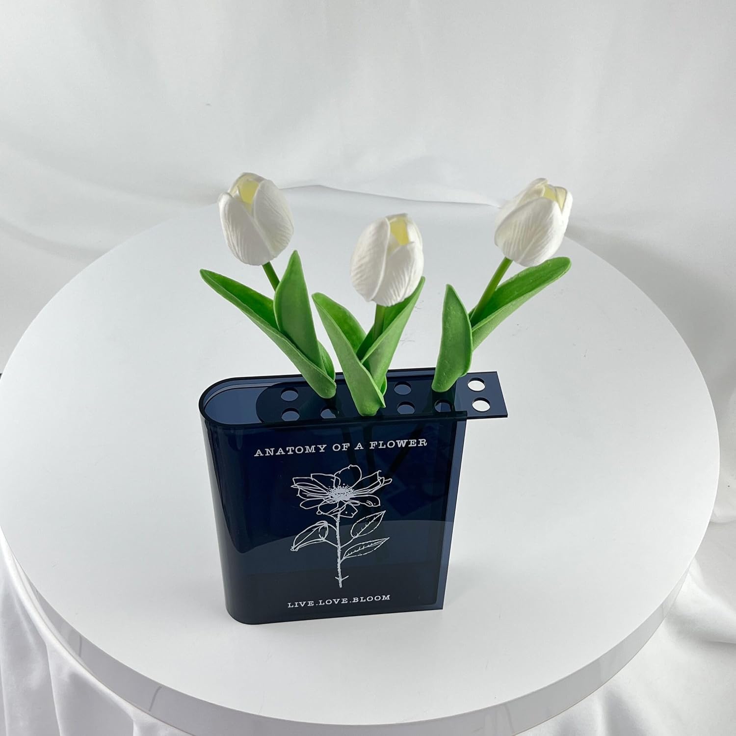 Jarrón transparente para flores, centro de mesa moderno y decorativo para el hogar, anatomía de una flor, Le Marq Design (negro con tallo, soporte