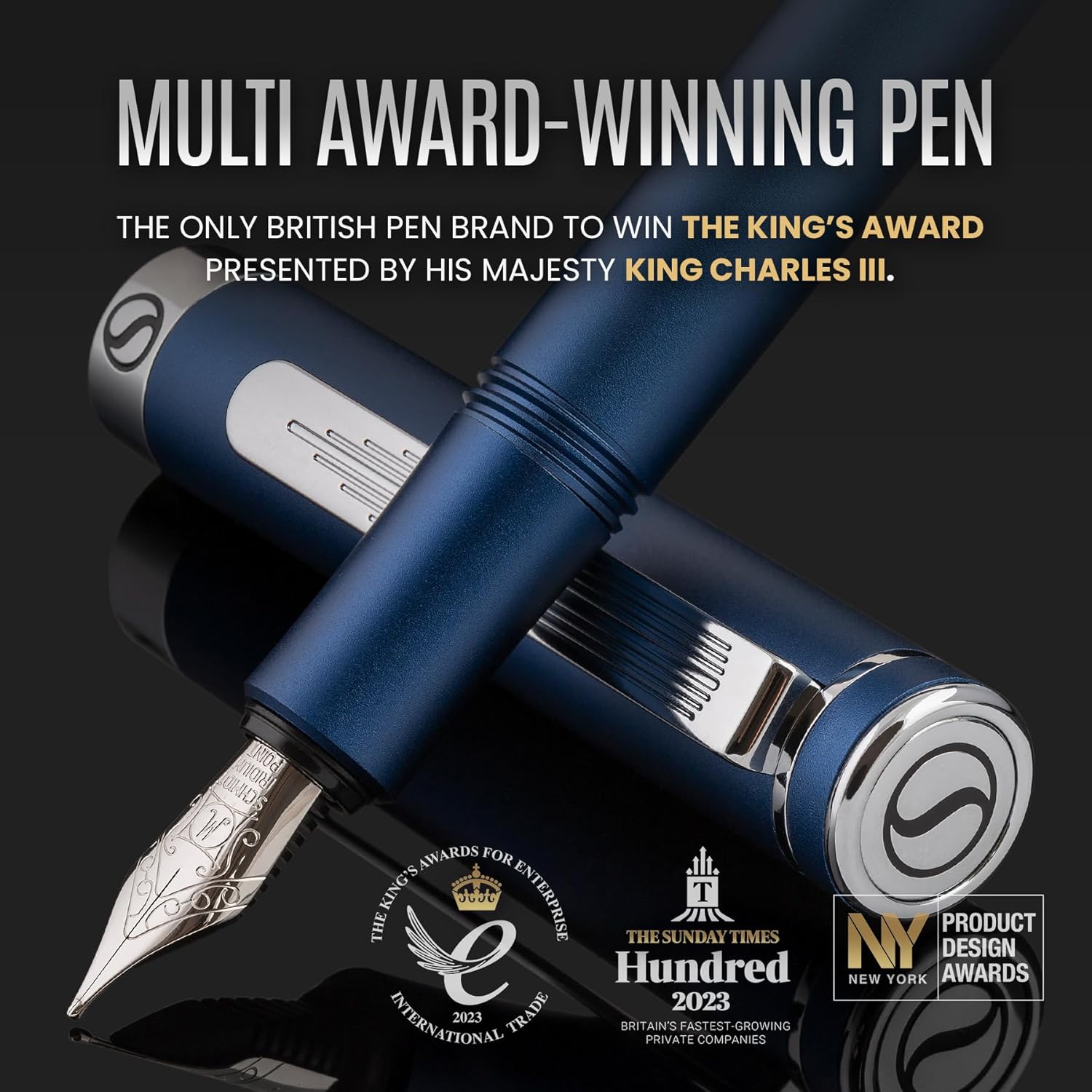Scriveiner Pluma estilográfica EDC de lujo (fina), impresionante bolígrafo de bolsillo azul mate, acabado cromado, punta alemana Schmidt,