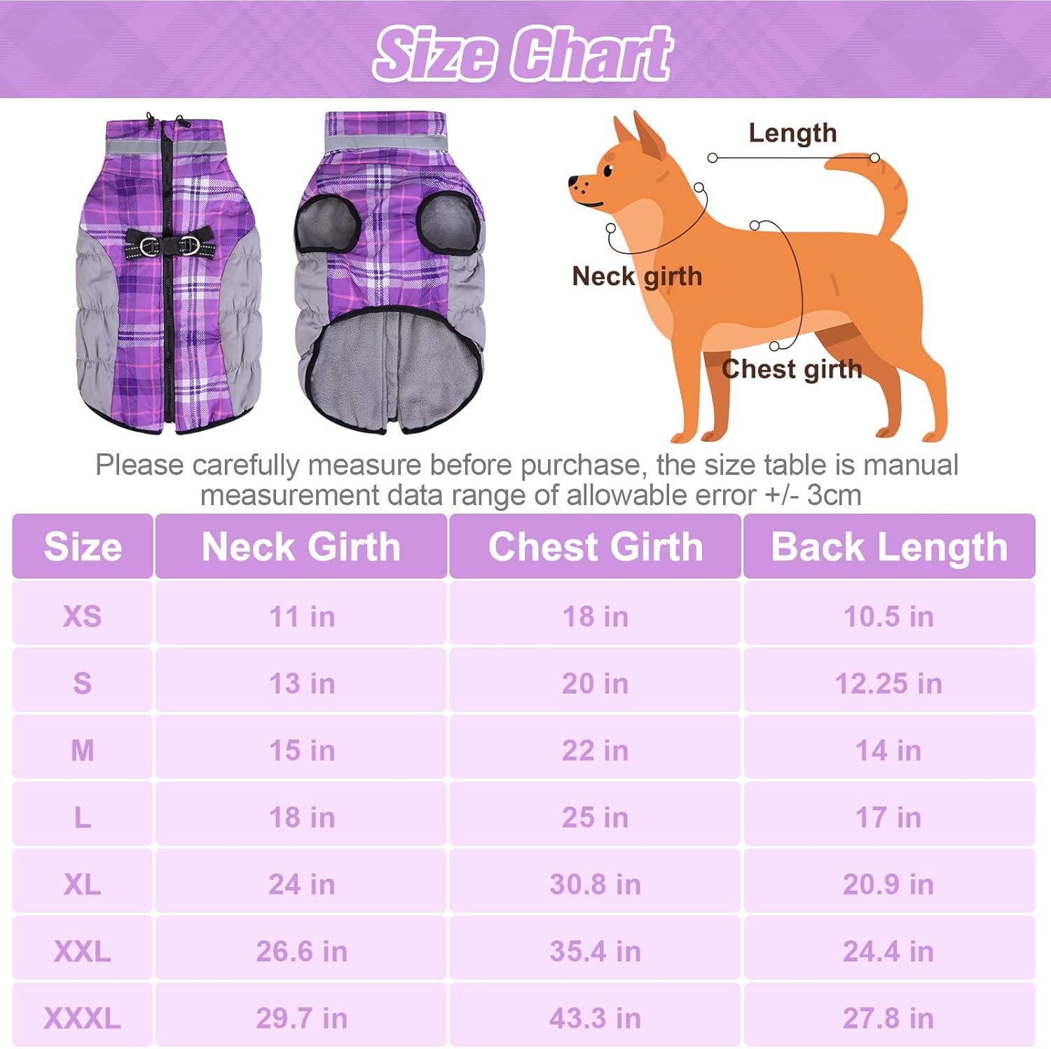 BEAUTYZOO Abrigo de invierno a cuadros para perro, chaqueta reflectante mejorada para perro, forro polar acolchado con arnés integrado, ropa
