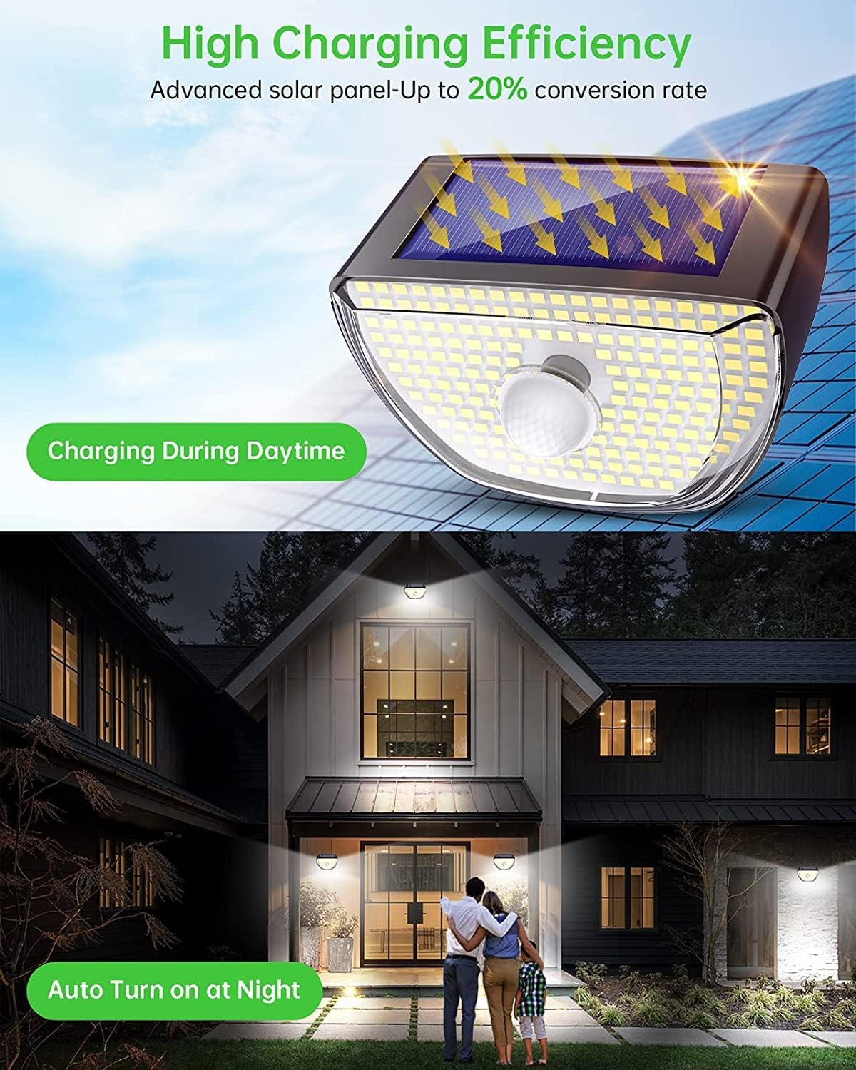 OOTDAY 200 luces LED solares con sensor de movimiento, luces solares para exteriores IP65 impermeables, luz de pared solar con 3 modos de
