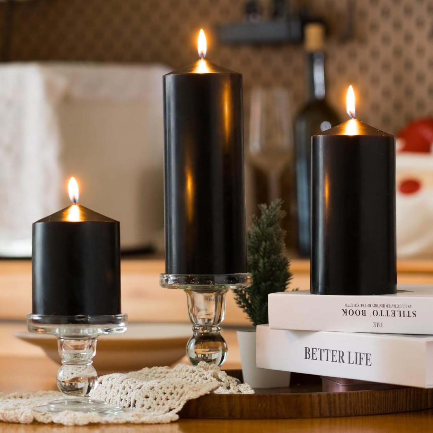 Velas sin perfume vertidas a mano de 3 x 8 pulgadas, juego de 2 velas de pilar negras grandes, sin goteo, aproximadamente 120 horas de combustión,