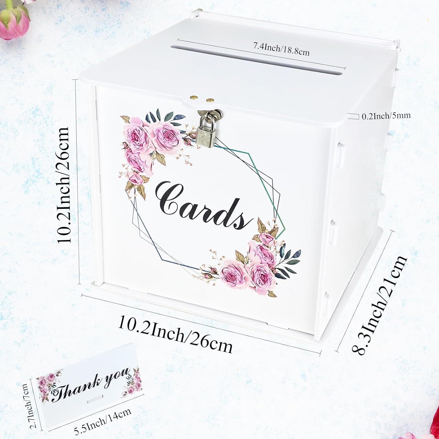 Caja de tarjetas de boda blanca con cerradura, cajas de tarjetas de boda de regalo para recepción con soporte de dinero con letrero de rosa para