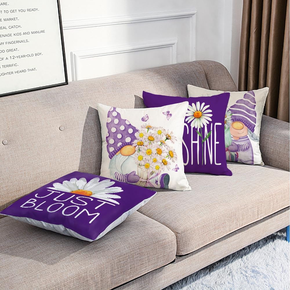 All Smiles Juego de 4 fundas de almohada moradas de 16 x 16 pulgadas, para exteriores, primavera, verano, decoración del hogar para patio, sofá,