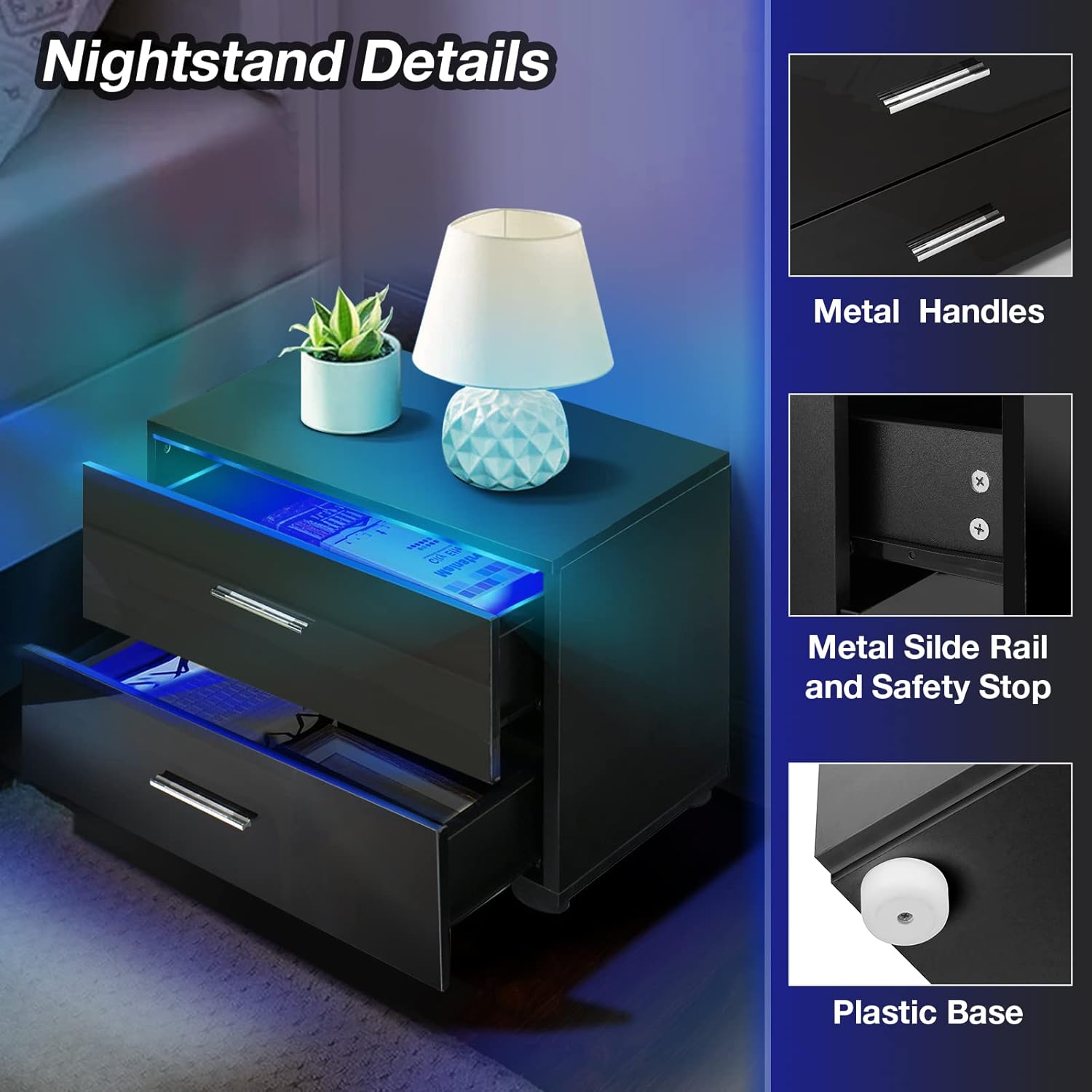 HOMMPA Mesita de noche pequeña con 2 cajones, mesita de noche LED negra, mesita de noche moderna con luz LED para dormitorio de niños, mesa de noche