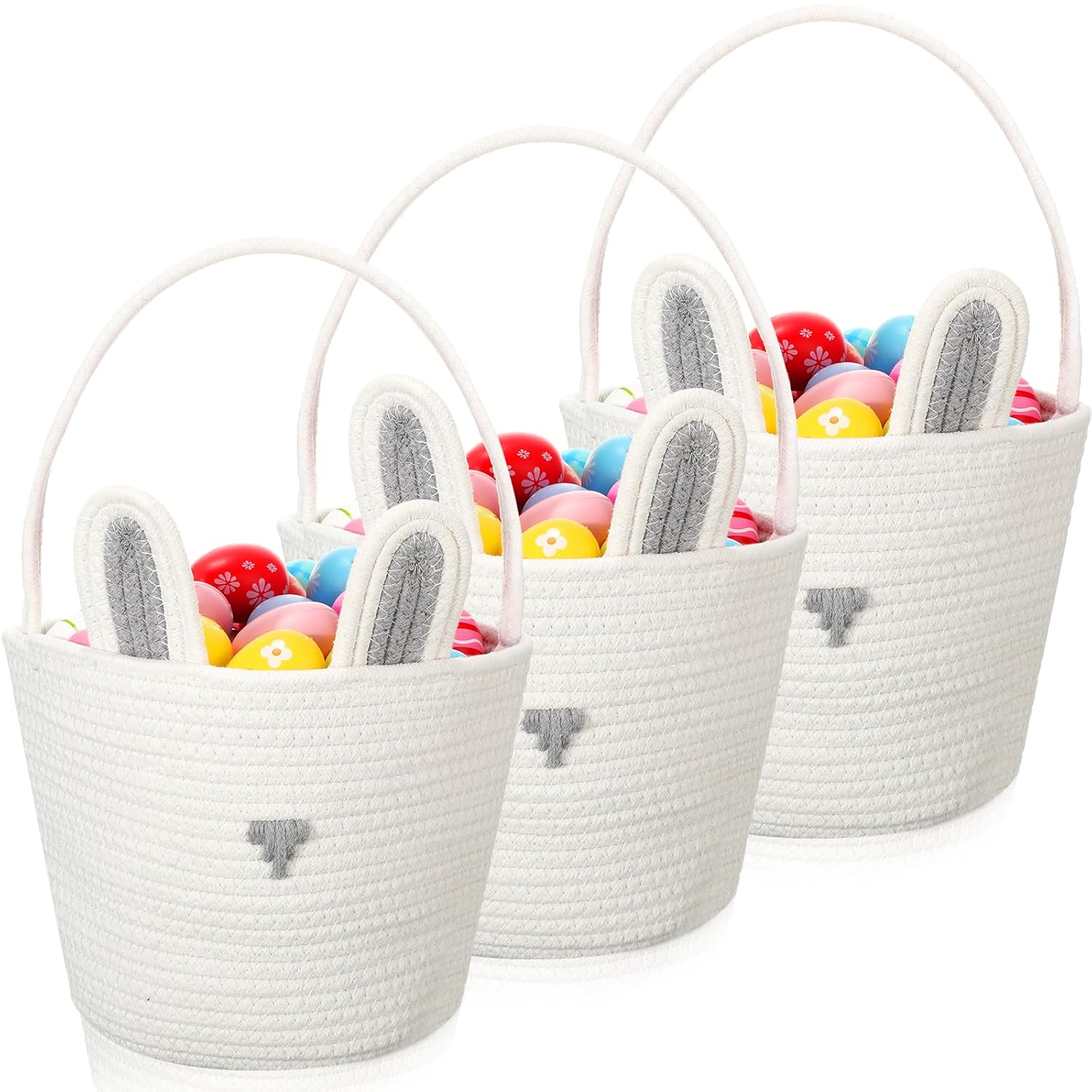 Beeveer Paquete de 3 cestas de Pascua para niños, cesta de huevos de Pascua, cesta de conejo con orejas de conejo, cestas de juguetes, cesta de