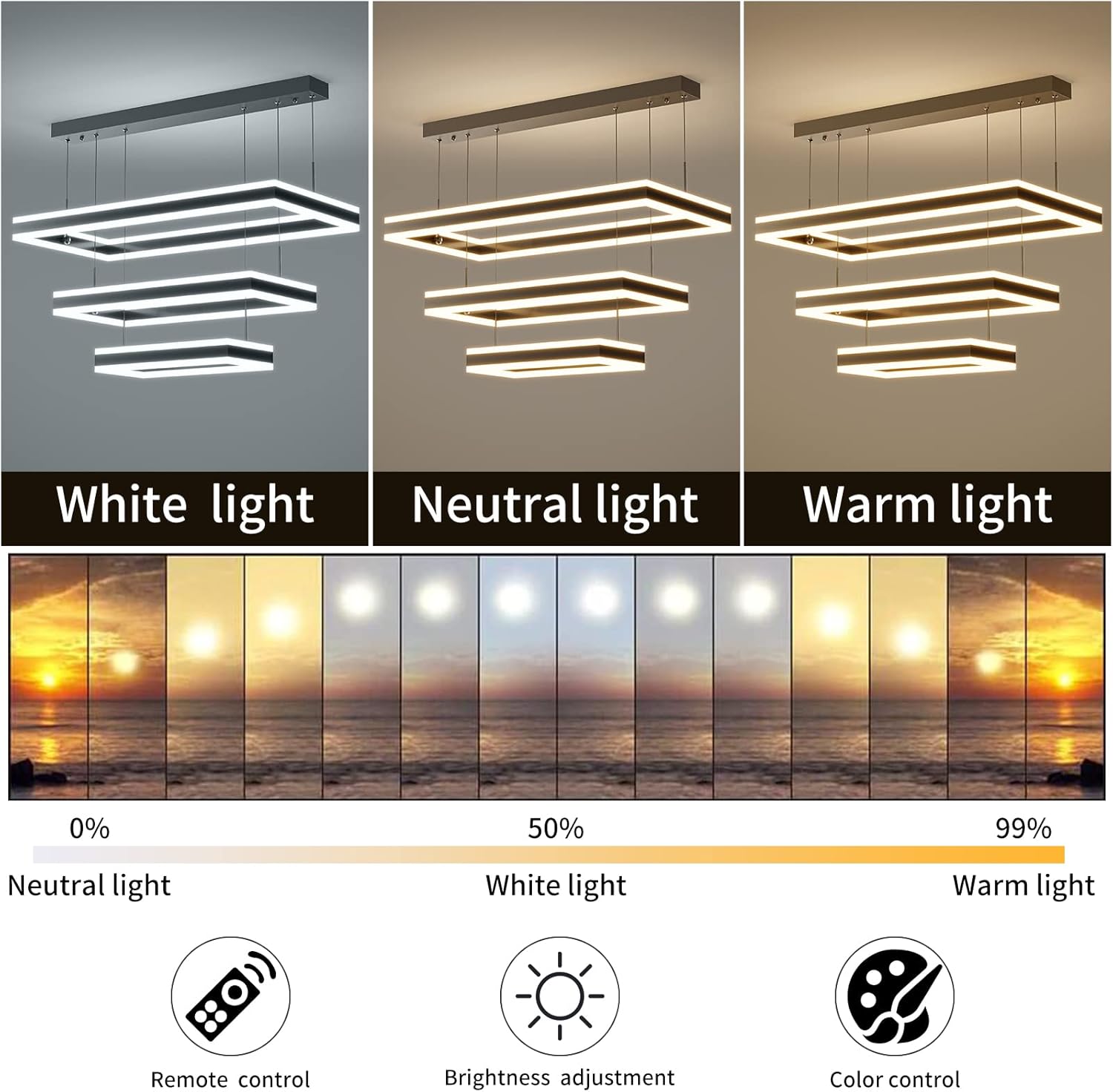 Lámpara colgante de techo moderna, lámpara LED con control remoto regulable de 3 modos de color y brillo, luces colgantes antiparpadeo, lámpara de