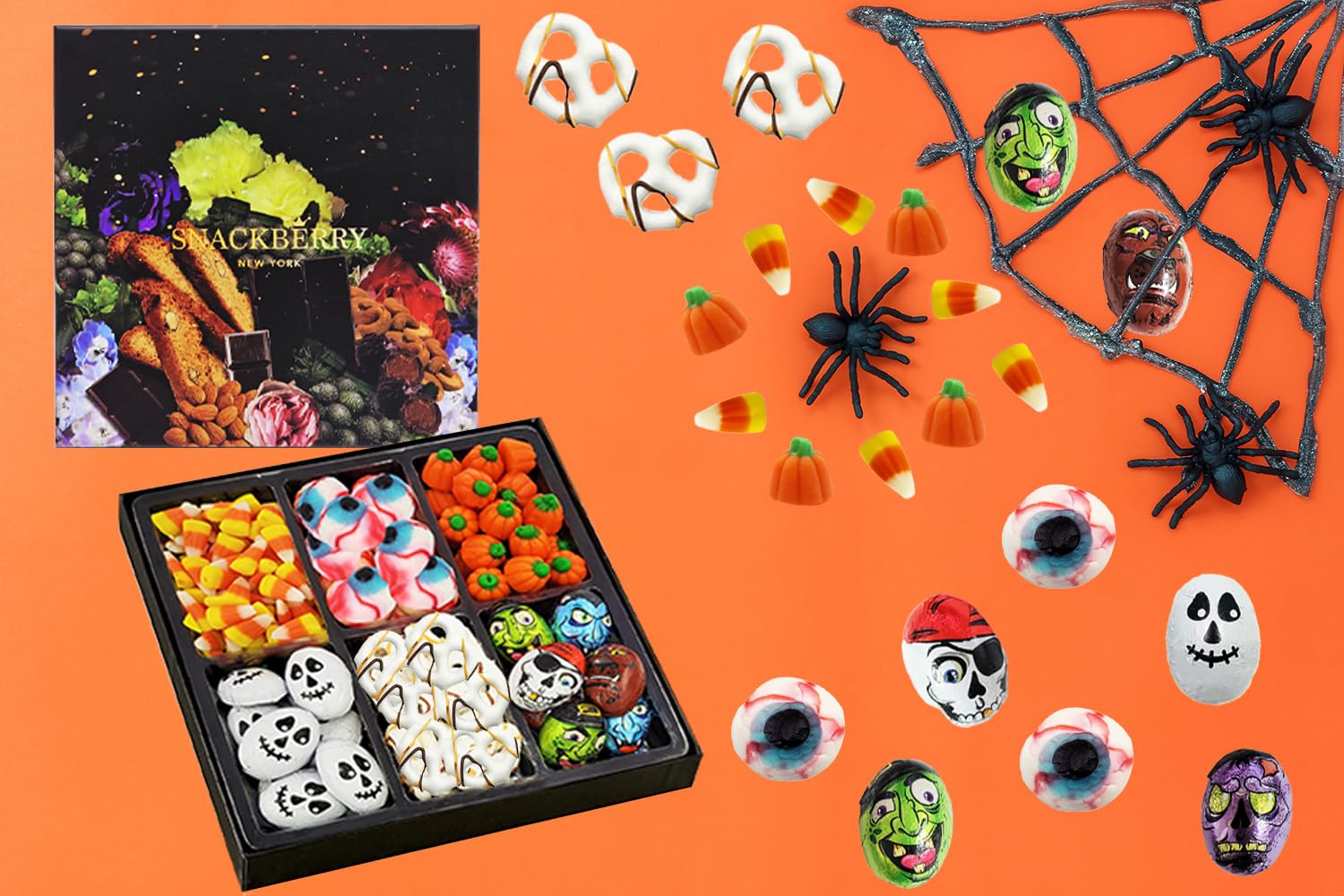 Snackberry – Caramelos de Halloween, chocolate, gomitas, cesta de regalo, maíz dulce, calaveras y monstruos de chocolate, globos oculares de gomita,