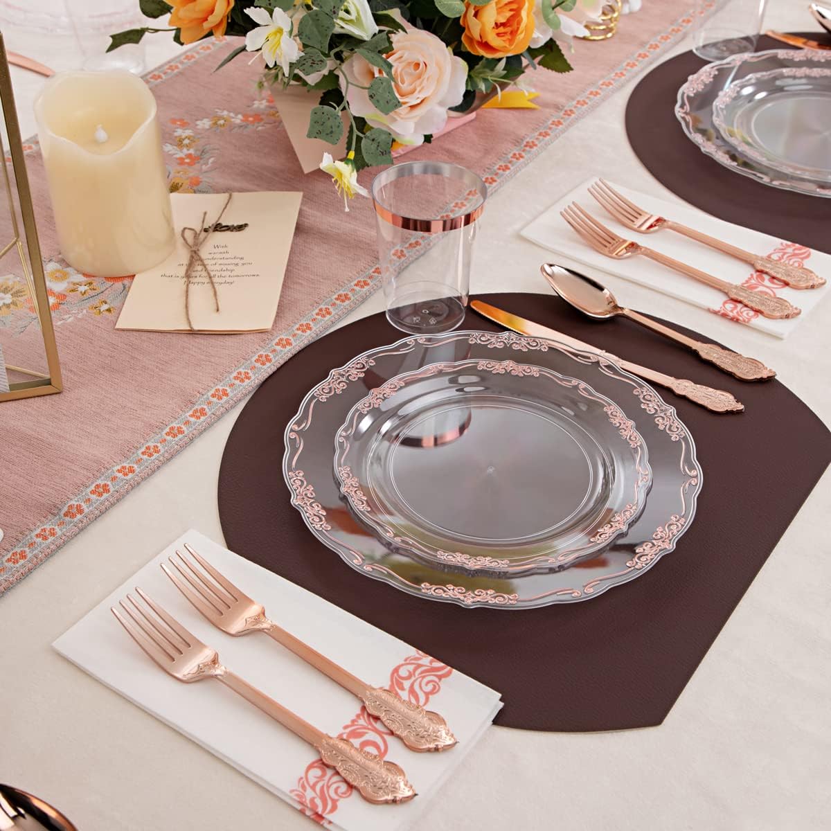 LIYH – 210 platos de plástico transparente y oro rosa con cubiertos desechables de oro rosa que incluyen 30 platos de cena, 30 platos de ensalada,