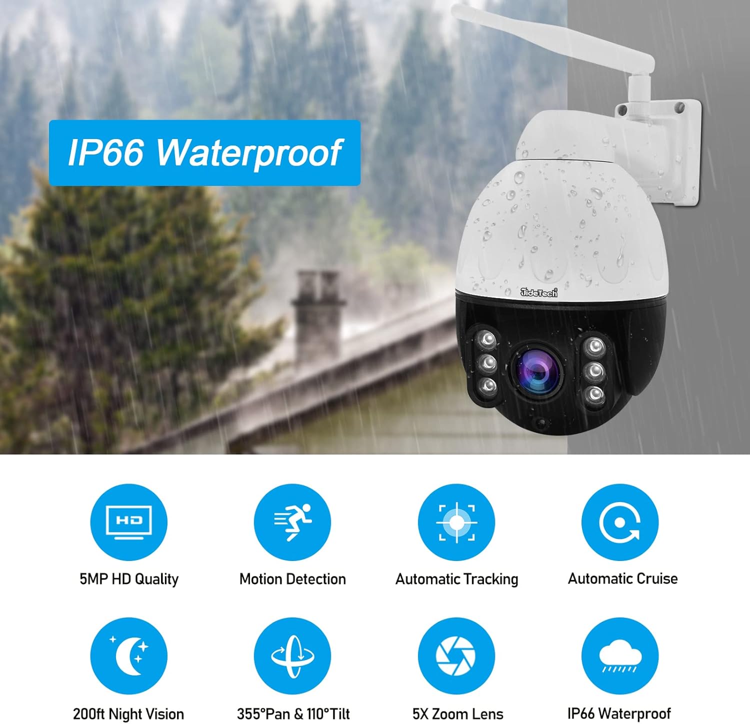 YoLuKe Cámara PTZ al aire libre, 5MP 5X Zoom óptico WiFi Cámara IP con rotación de 360 y distancia de visión de 98.4 ftdetección humana y