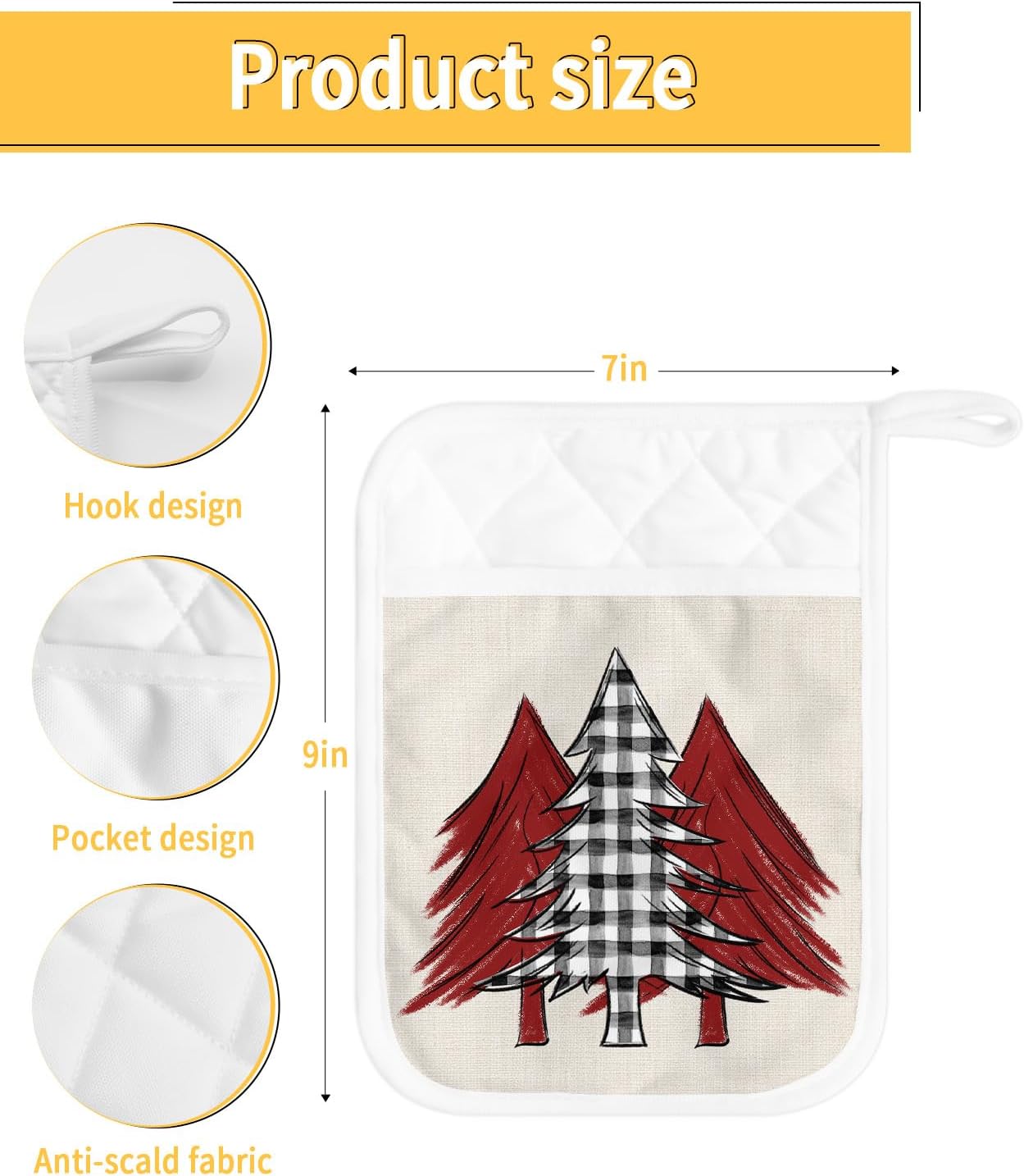 Xmas Tree Checkered 2Pcs Pot Holders for Kitchen,Non Slip & Heat Insulation Terry Cloth Potholder Set with Pocket,Thick Hot Pad Oven Mitts Trivet