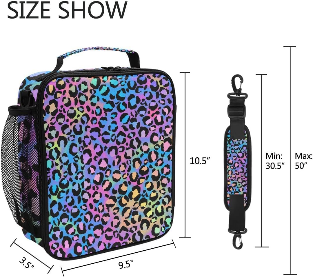 MNSRUU Bolsas de almuerzo para niños y niñas, estudiantes, diseño de leopardo arcoíris, reutilizable, aislada, bolsa de almuerzo organizadora, kit