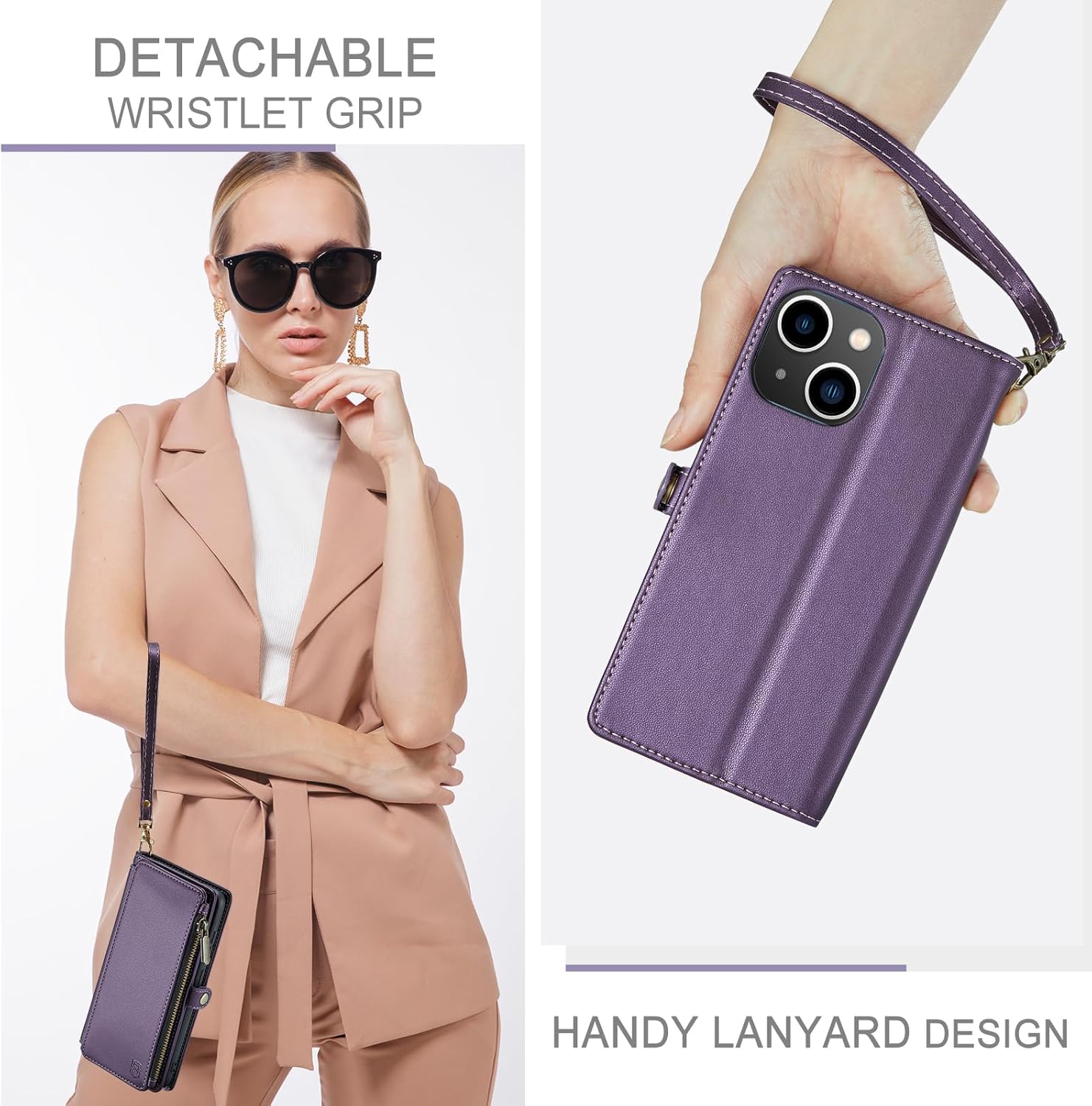 Funda tipo cartera compatible con iPhone 13 con tarjetero, bloqueo RFID, cremallera, para iPhone 13, cartera y muñequera, de piel sintética,