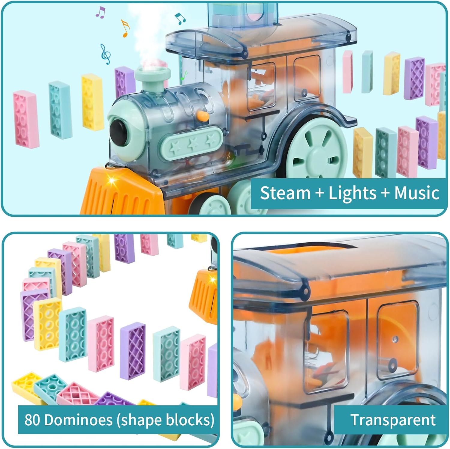 Neragron Juego de juguetes de tren de dominó para niños, 80 piezas de bloques de dominó de tren eléctrico con vapor, luces y música, juguete