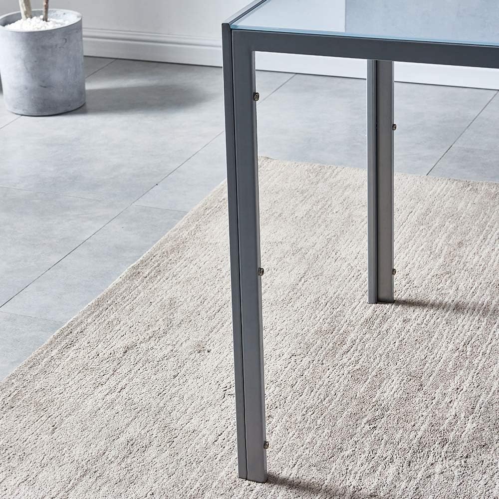 Mesa de comedor de vidrio gris rectangular con patas de metal Marco de metal Mesa de cocina de vidrio para 4 personas (gris)