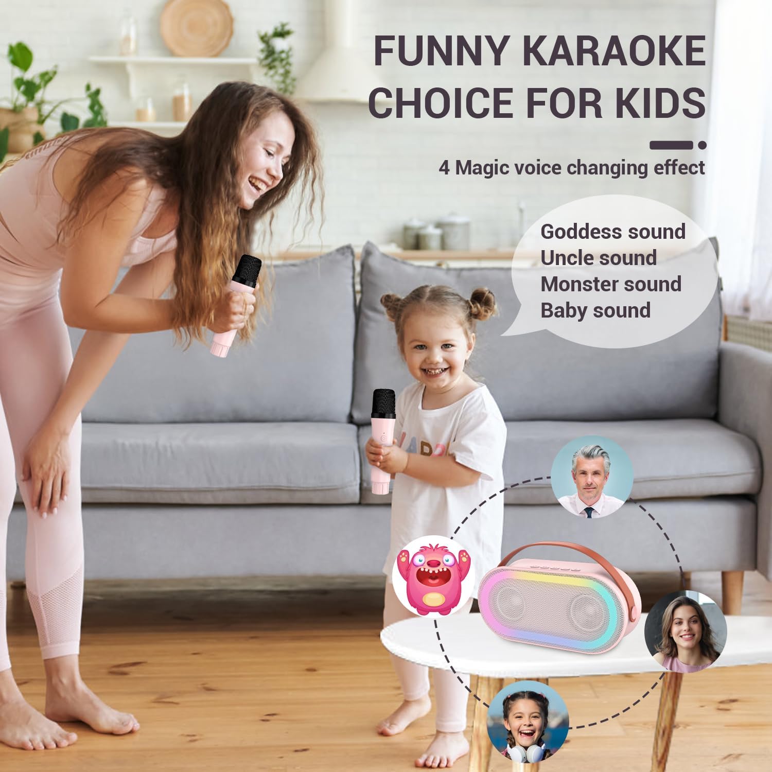 VeGue Mini máquina de karaoke con 2 micrófonos inalámbricos, altavoz Bluetooth portátil con sonido estéreo bajo con luces LED para niñas y niños de