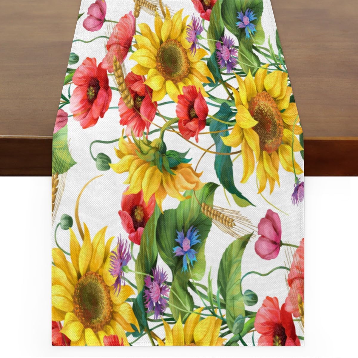 Table Runner Sunflowers Flowers, Autumn Rustic Linen Table Cloth Kitchen Dining Table Decor for Home Party 13 x 72 Inches