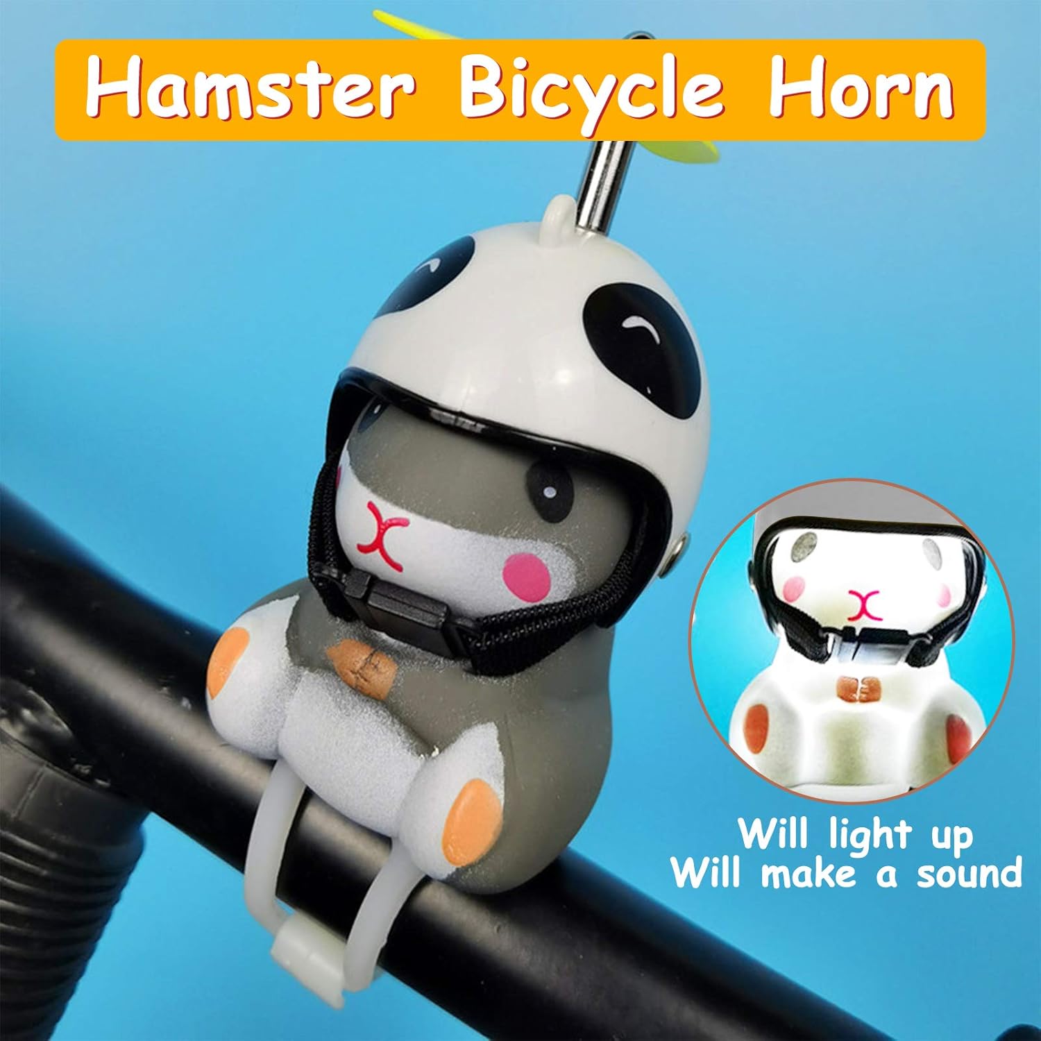 wonuu Campana de bicicleta de pato con luz y casco, linda bocina de bicicleta de hámster, decoración de salpicadero, juguete de hámster, campanas de