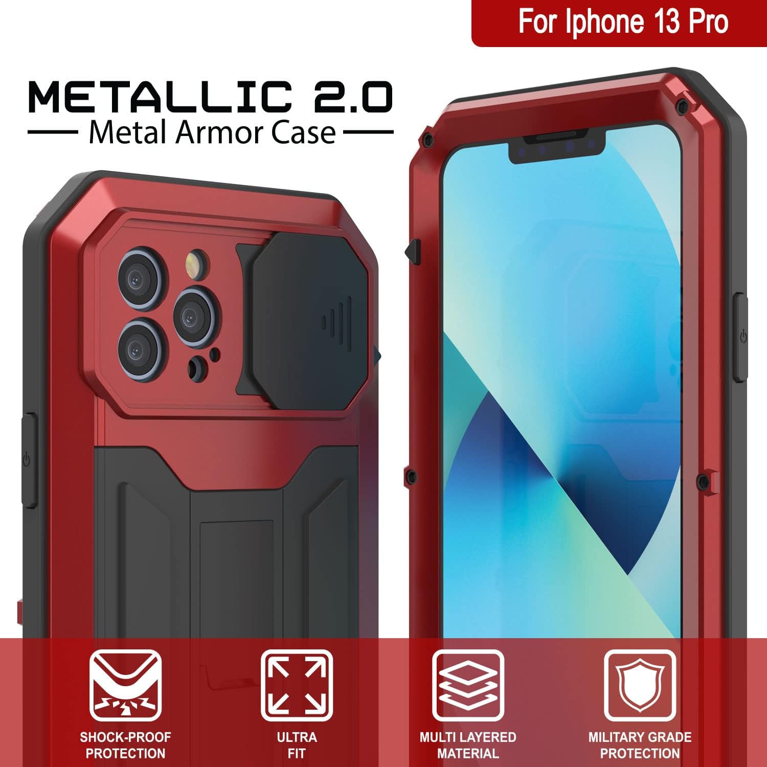 PunkCase Funda de metal para iPhone 13 Pro 2.0  Cubierta de armadura resistente  Diseño de aluminio y TPU de cuerpo completo con protector de