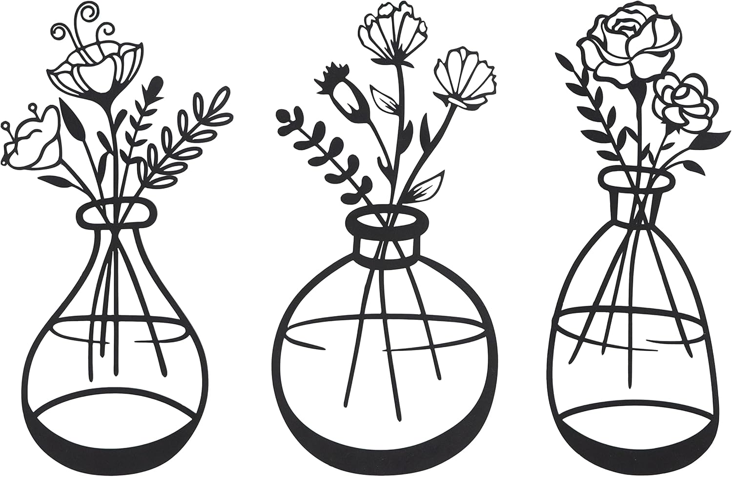 COLLECTIVE HOME – Arte de pared de metal, decoración de flores de pared, florero de 3 piezas, letrero floral de decoración de hierro, alambre de