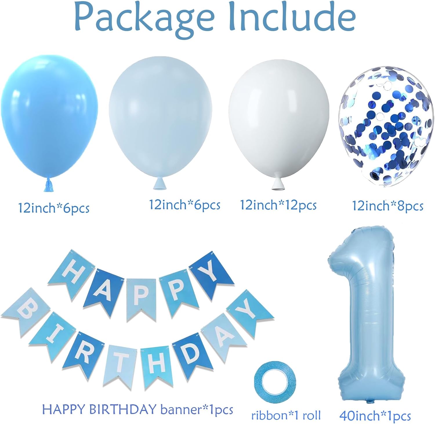 Globos de color azul y blanco bebé y 1 globo de 40 pulgadas, decoraciones de primer cumpleaños para niño con globos de confeti azul y blanco,