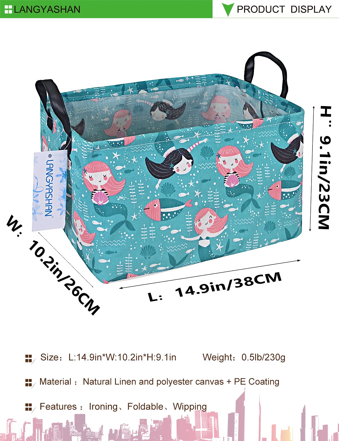 LANGYASHAN Cesta de almacenamiento rectangular de lona plegable de tela de dibujos animados con asas para organizar el hogar, cocina, niños y niñas,