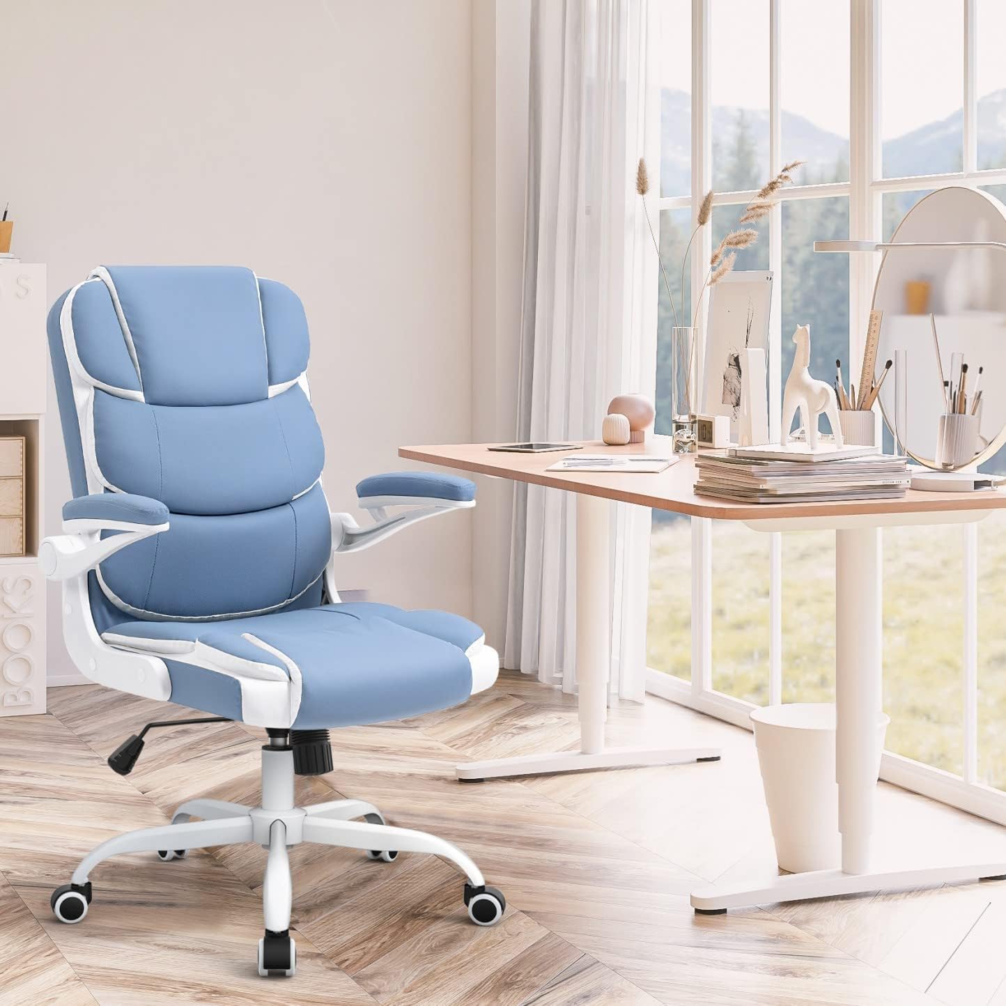 SEATZONE Silla de oficina azul ergonómica de cuero ejecutivo silla de escritorio pequeña linda silla de trabajo rodante para adolescentes y adultos