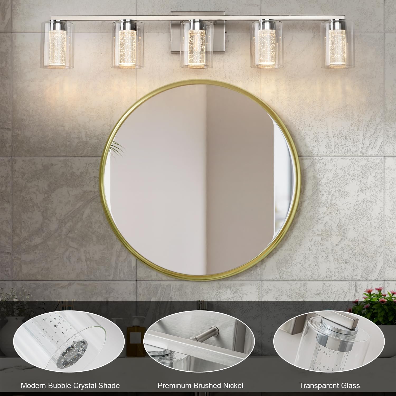 Lámpara de tocador de 5 luces de níquel cepillado con 3 modos de color (3000 K4000 K6500 K), lámpara LED de baño con protección ocular, luz de pared