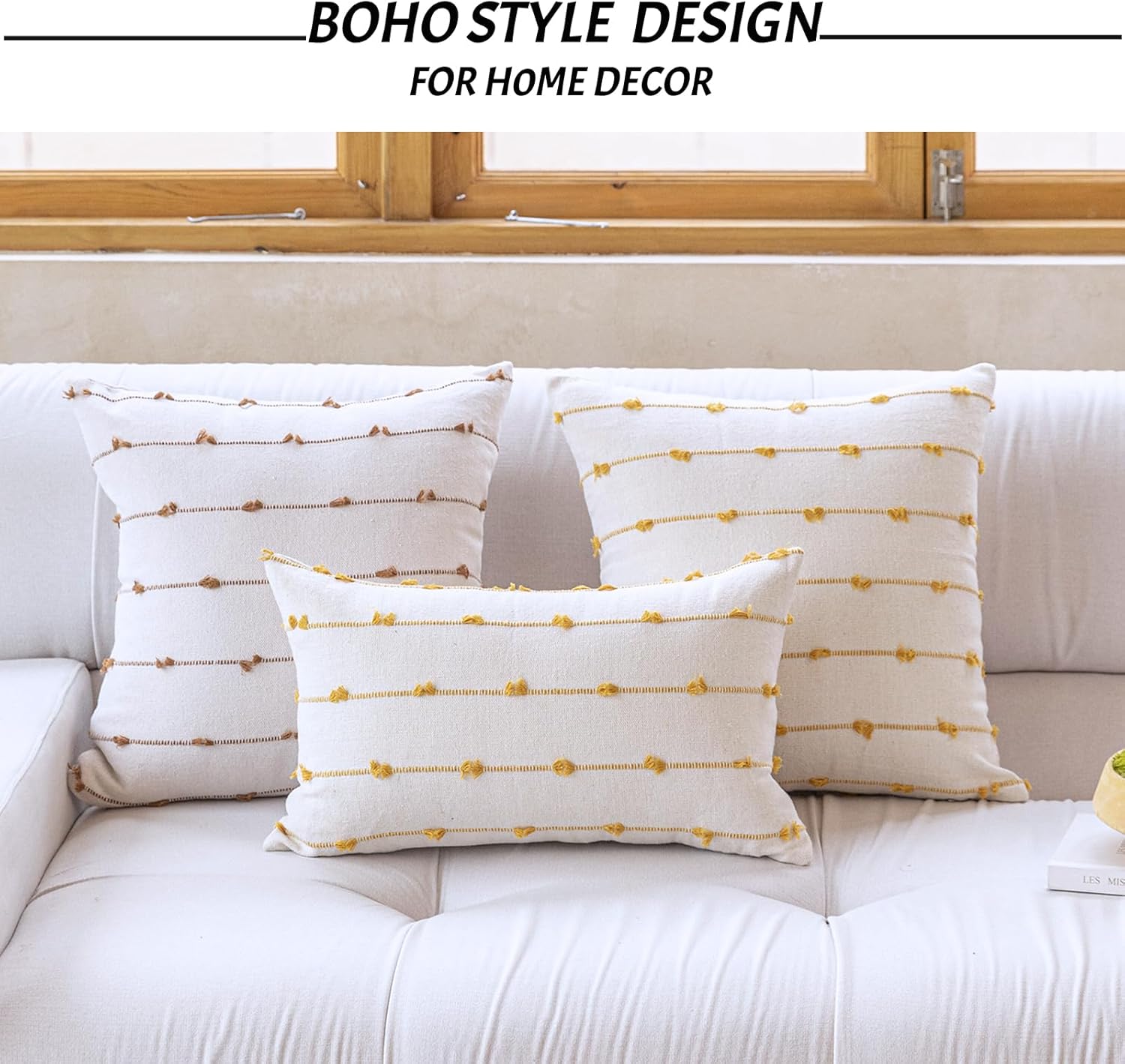 Juego de 1 funda de cojín bohemia de 24 x 24 pulgadas, funda de cojín cuadrada de lino moderna y rústica para sofá, cama (24 x 24 pulgadas, amarillo)