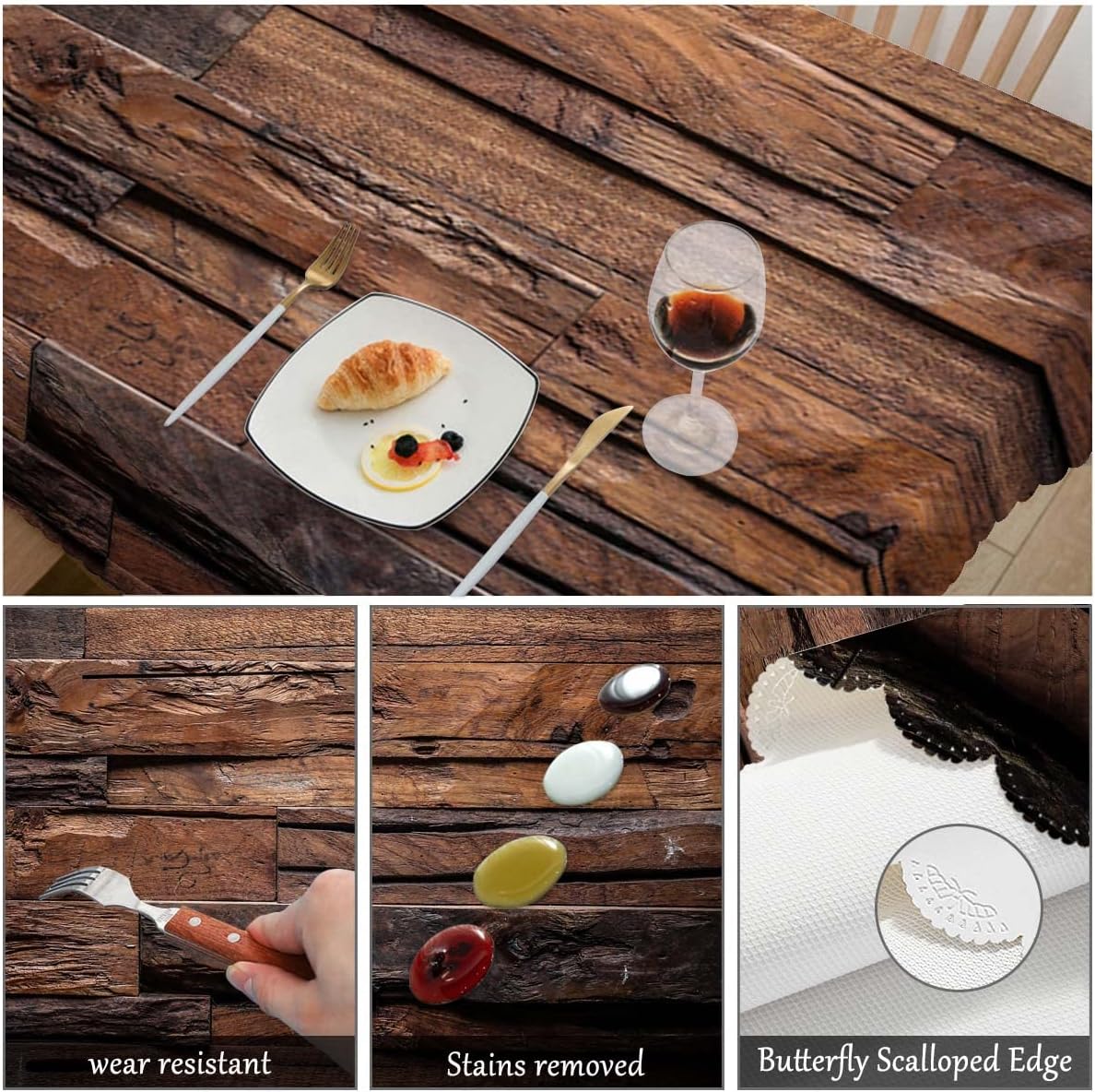 Swono Mantel rectangular de madera natural, vintage, de madera natural, mantel de pícnic, lavable, a cuadros, para cocina, cena de vacaciones,