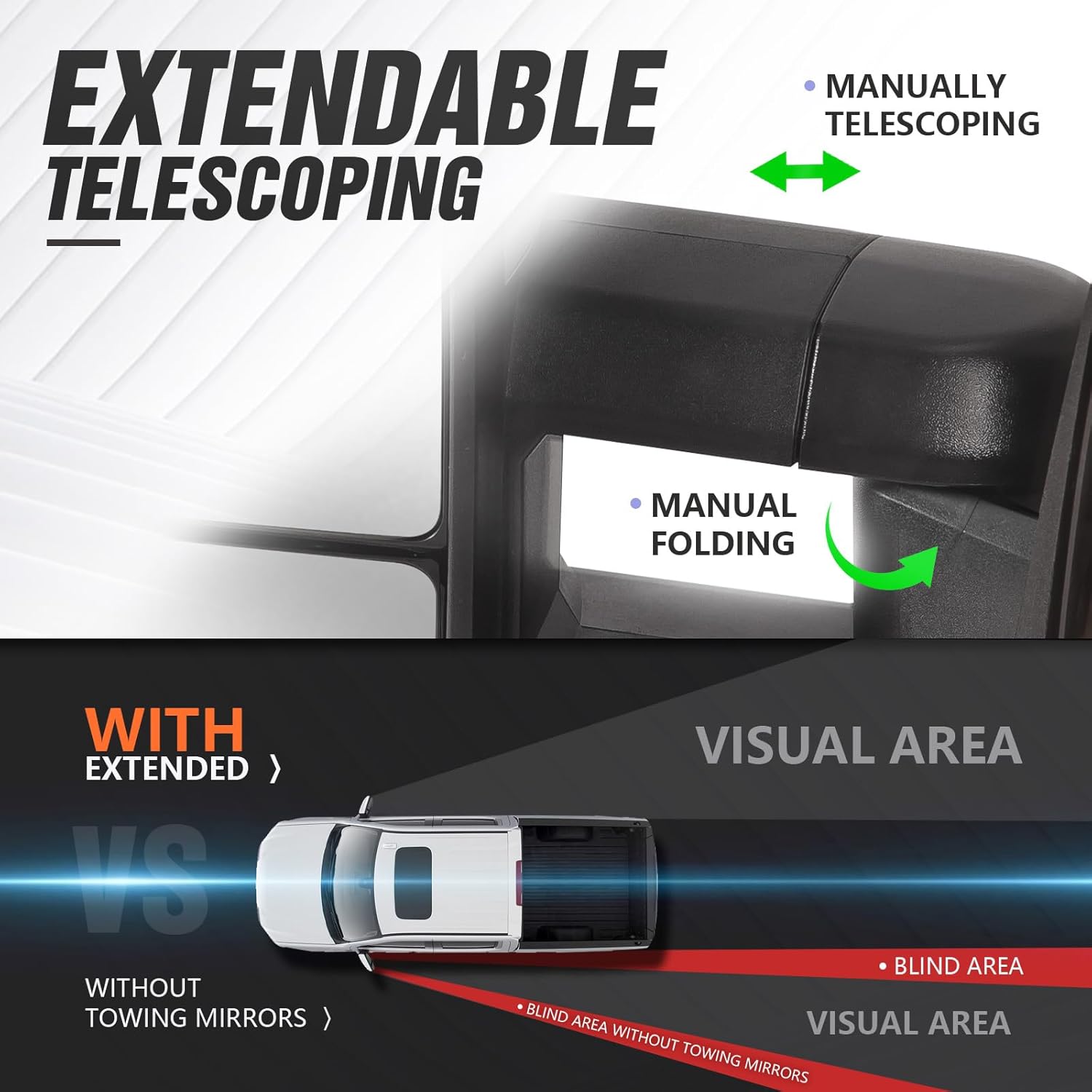 Switchback – Espejos de remolque compatibles con Chevy Silverado y GMC Sierra 2014-2018, espejo de remolque de ajuste de potencia, telescopio