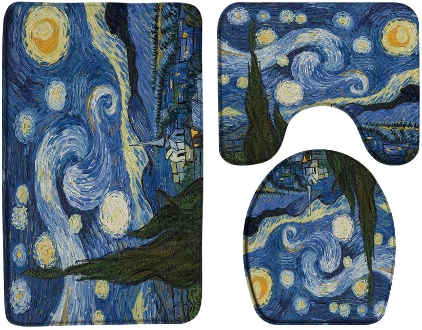 Starry Night – Juego de 3 alfombras de baño, pintura al óleo, arte abstracto, cielo azul, nube, blanco, estrella, luna, paisaje, 17.8 x 29.5