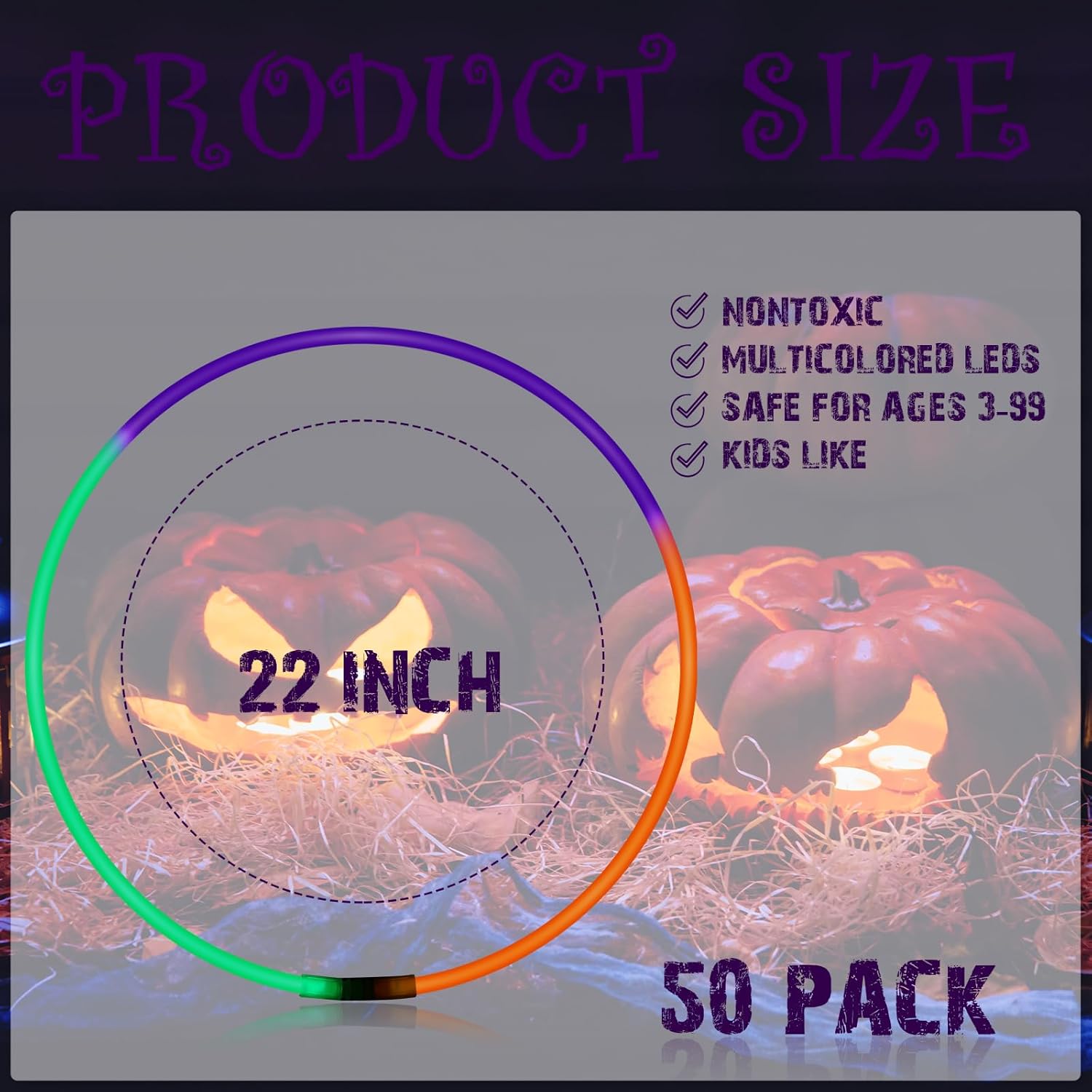 100 collares brillantes de Halloween de 22 pulgadas, collares iluminados, color naranja, morado, verde, que brillan en la oscuridad, para