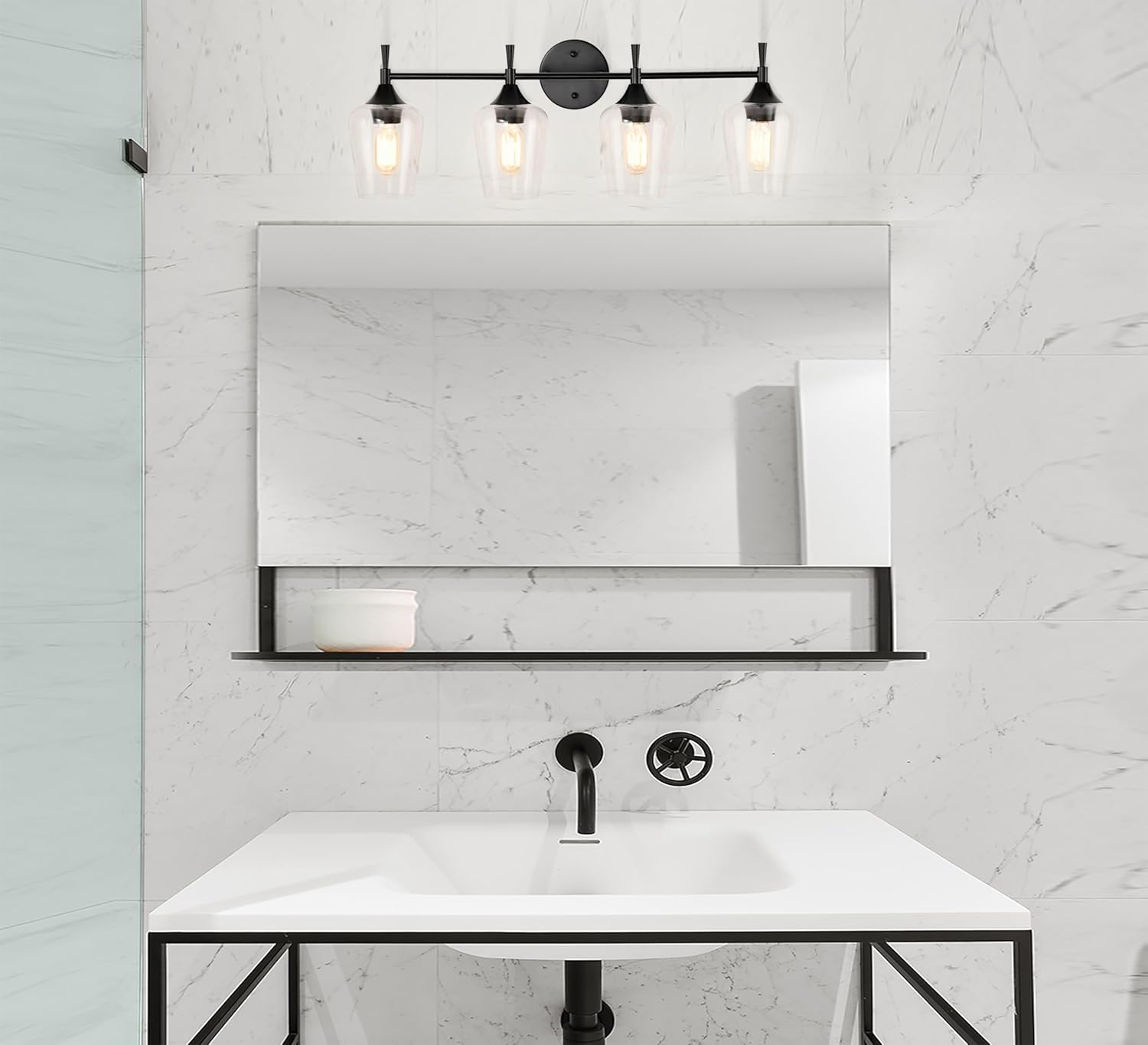 Edvivi Lámpara de tocador de baño de 4 luces, color negro mate clásico con pantalla de vidrio transparente, lámpara de pared para espejos,