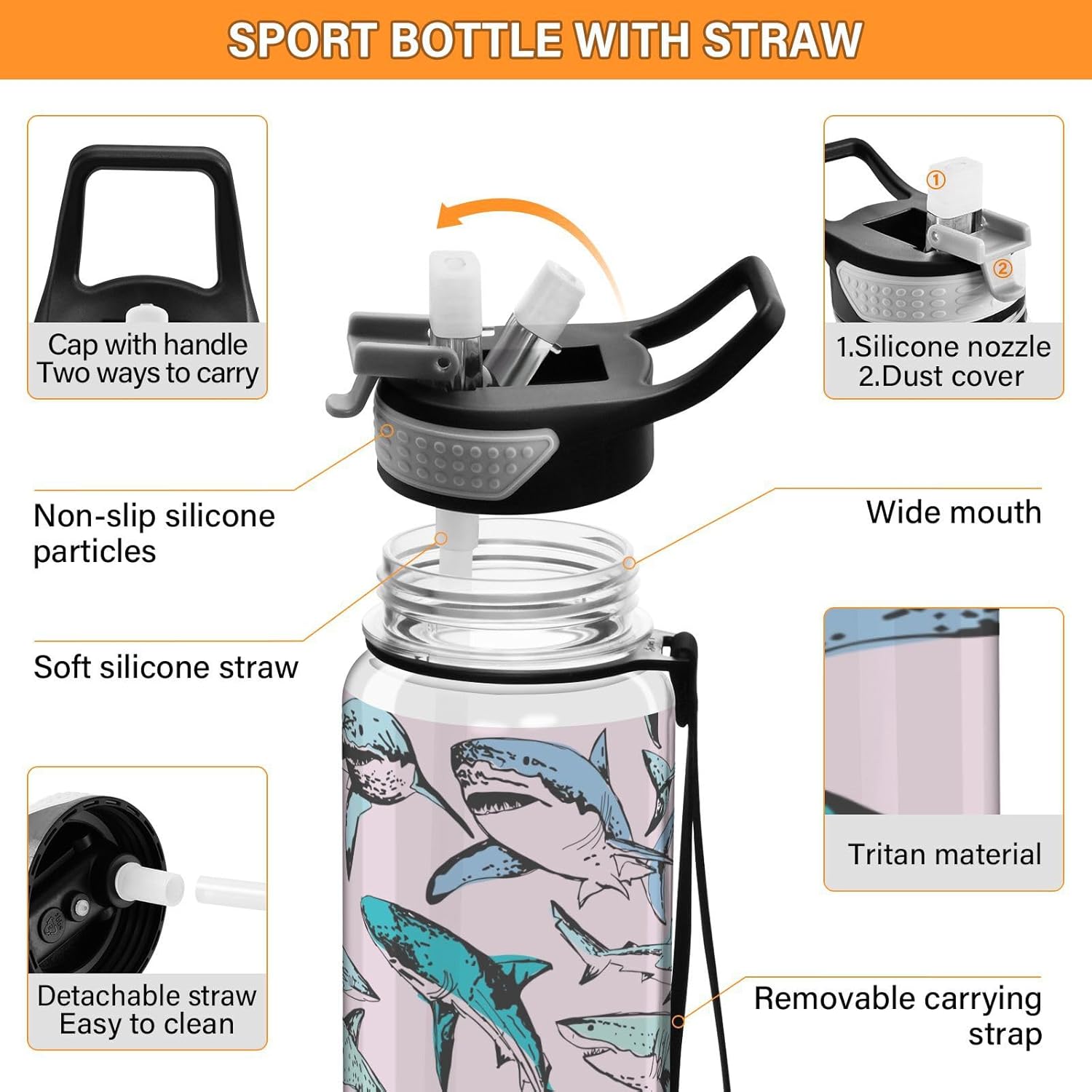 Pink Sharks – Botellas de agua deportivas con pajilla, sin BPA, botella de agua grande transparente para correr, para mujeres, hombres, niñas,