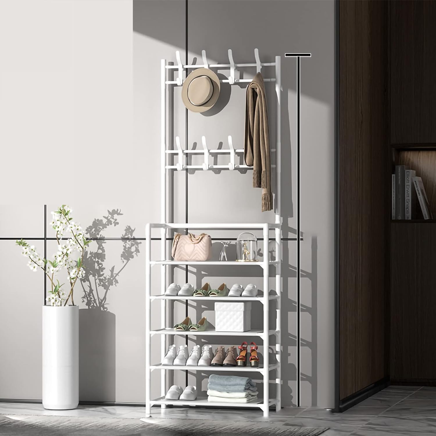 MANMAOHE Perchero Zapatero Banco Hall Árbol, 23.6 in 5 Capas Blanco, Metal