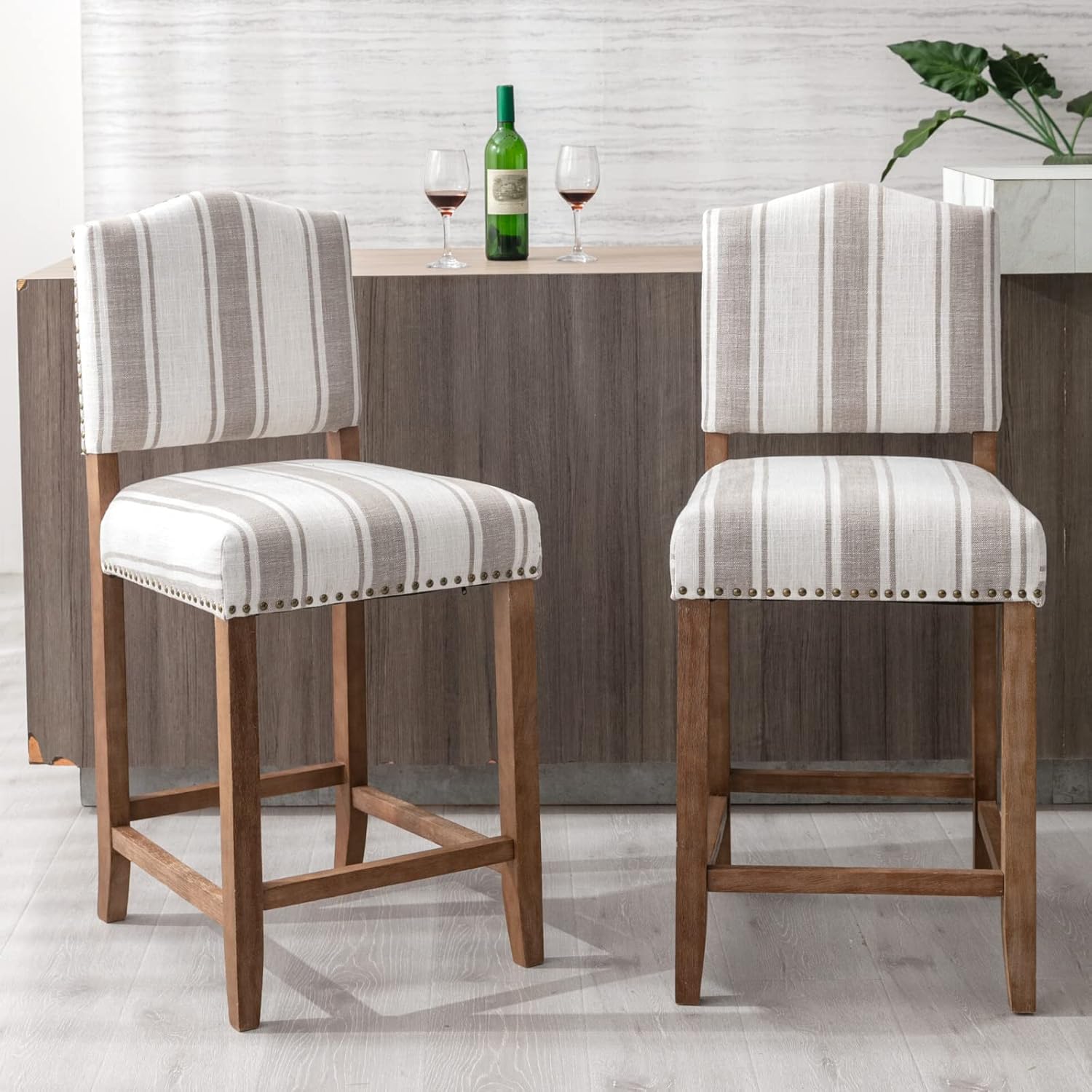 ROCITY Juego de 2 taburetes de bar tapizados de lino beige de 26 pulgadas, taburete de madera rústica con respaldo, isla de cocina, herramientas de