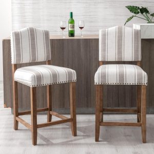 ROCITY Juego de 2 taburetes de bar tapizados de lino beige de 26 pulgadas, taburete de madera rústica con respaldo, isla de cocina, herramientas de ROCITY Juego de 2 taburetes de bar tapizados de lino beige de 26 pulgadas, taburete de madera rústica con respaldo, isla de cocina, herramientas de