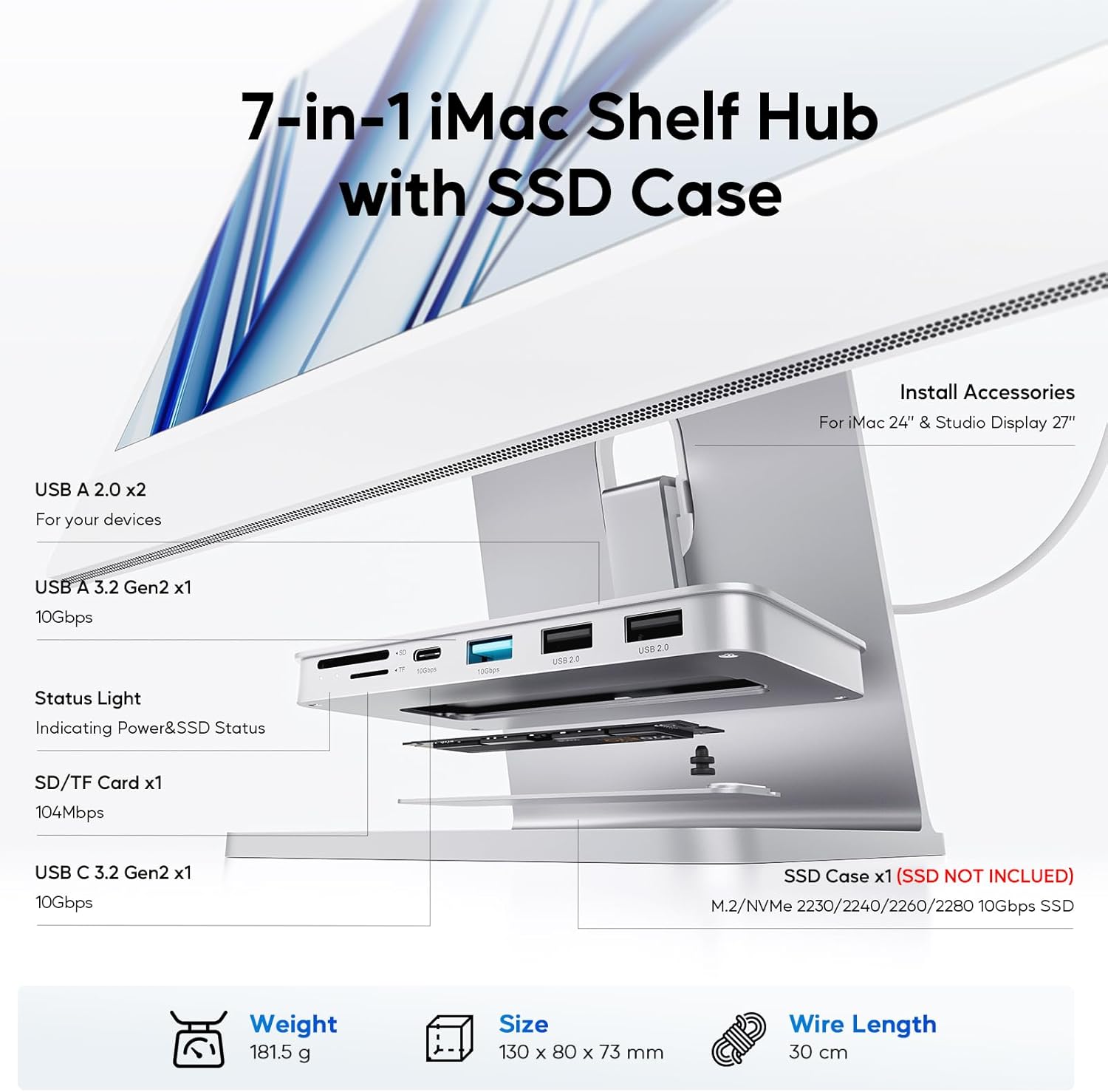 Accesorios iMac para iMac 20212023, PULWTOP USB C Hub para iMac compatible con SSD SATA NVMe de 10 Gbps con USB AC 10Gbps, iMac Hub para M1M3, 2 USB