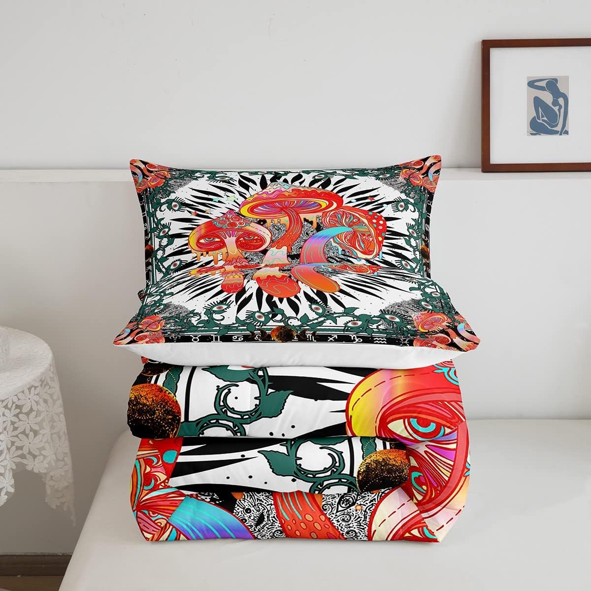 Erosebridal Juego de edredón de hongos rojos, tamaño King, diseño de mandala negro y cachemira, juego de ropa de cama para todos los que ven los
