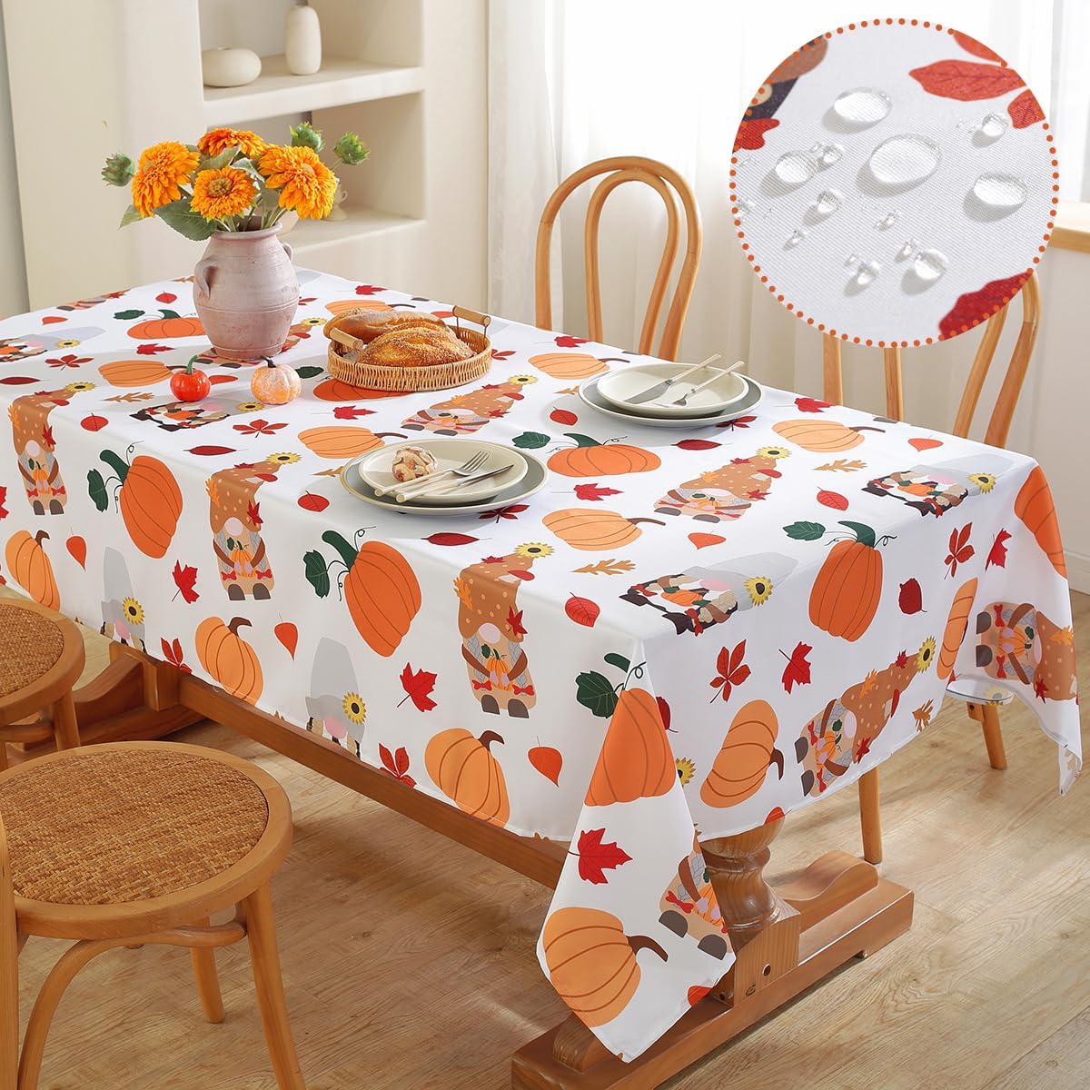 SASTYBALE Manteles de otoño para mesas rectangulares, mantel de calabaza a prueba de derrames con estampados de gnomos, mantel decorativo de otoño