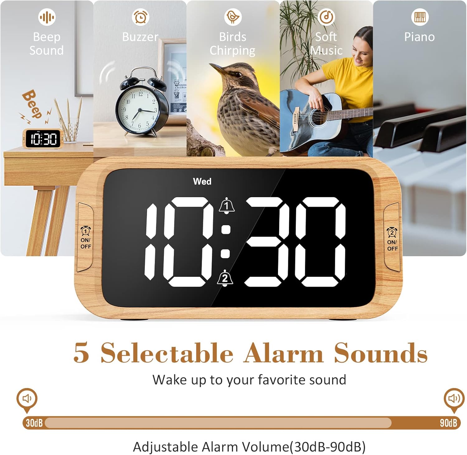Reloj despertador digital dual para dormitorio, 0-100% atenuador, modo día de semanafin de semana, fácil de configurar, cargador USB, volumen de